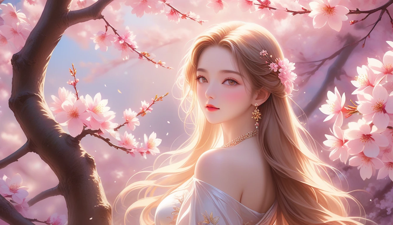 A Masterpiece In 32K Resolution, Supreme Quality, Super Detail, Official Art, Very High-Resolution 32K Wallpaper, Exquisite And Aesthetic, Ultra-Detailed Features, Awe-Inspiring Detail. A Mystical Garden With (Blooming Sakura Trees) And (Gentle Petals Carried By The Breeze), Illuminating Her Luminous, Pearl-Like Skin (Highlight Her Ample Breasts). A Sexy Girl With A Thoughtful And Quiet Confidence, Golden Brown Hair Flowing Softly Over Her Shoulders, With Deep Amber Eyes That Seem To Hold Ancient Wisdom. Her Expression Is Captivating Yet Introspective, Lit By A (Golden Afternoon Glow). (Delicately Crafted Beauty), Her Aura Fills The Surrounding Scene With A Sense Of Peace, As Petals Drift Around Her. The Vibrant Garden Reflects The Finesse Of Her Every Detail, Creating A Scene Of (Undying Charm) And Artistic Brilliance. This Ultra-Realistic Portrait Embodies A Harmonious Balance Of Strength And Beauty.