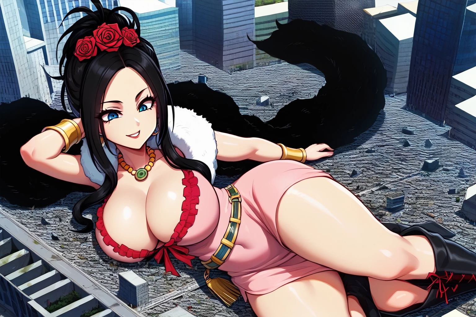 ultra-detailed, detailed face, detailed eyes, anime style, cartoon style, official art, front view, aerial view, from above, dynamic effect, dynamic shot, 

athletic curvy physique, inverted body type, attractive feminine curves, big breasts, curvy legs and arms, feminine curvy figure, (thick thighs, thick calves, thick voluptuous legs, big curvy hip, bare knees, bare thighs), 

black over-the-calf boots, ((long laced boots feather boa)), 
black elegant hair, blue eyes, rose flower ornament, 

1 beautiful giant woman, looking down with alluring smile, smirk, (lying on city, lying on side, put one hand on cheek, put one elbow on the ground, size difference), rampage, corrupted city, destroyed buildings, corrupted buildings, rolling rubble dust up, towering, overwhelming, terrible, destruction, ruins, looming, ((cross-legged, put one hand on cheek)), 

GTS, giantess, jvdaniang, giga size, dqdebora, black hair, hair rose, multiple hair flowers, necklace, pink dress, sleeveless, frills, cleavage, belt, bracelet, gesugao, parted lips, evil smile, half closed eye