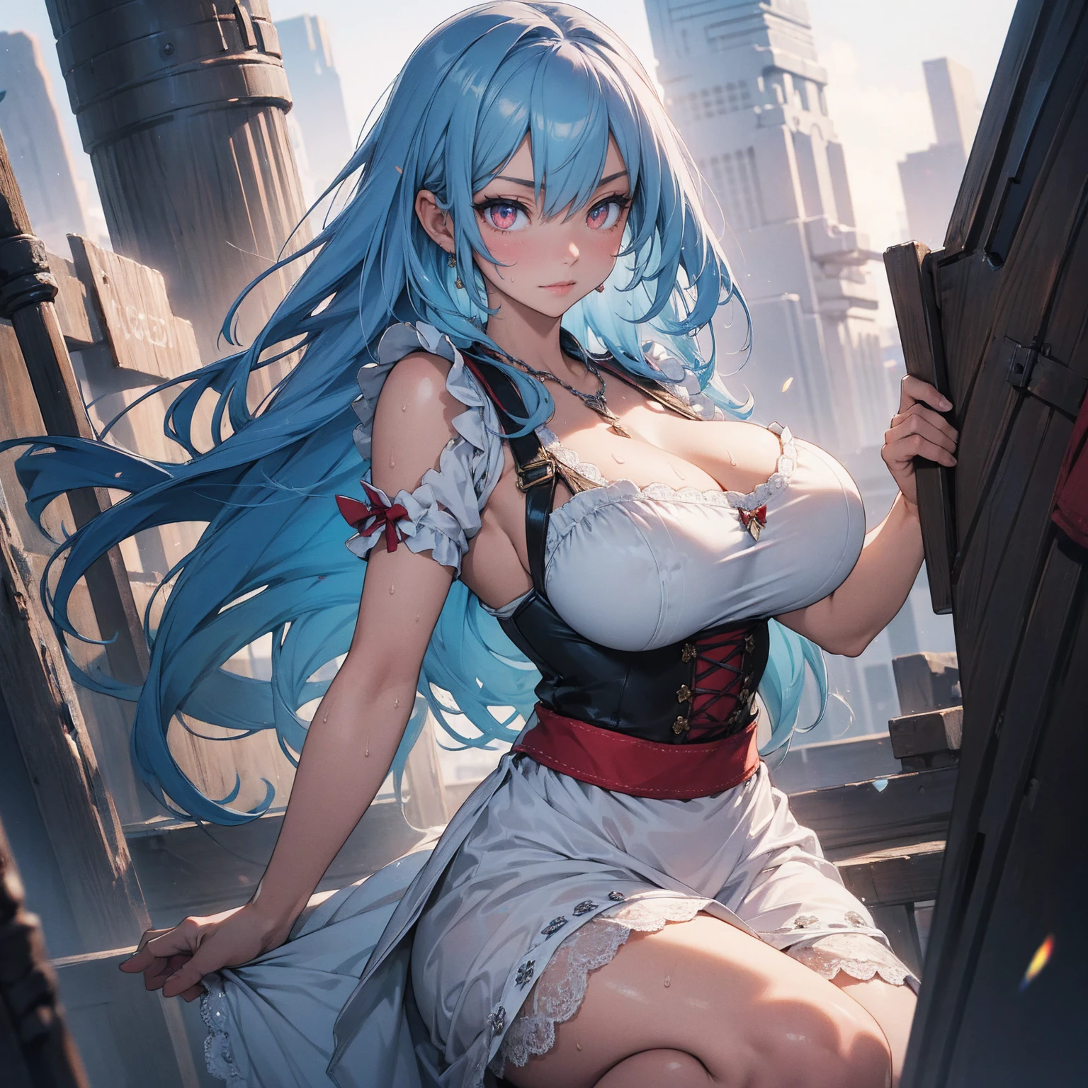 Expressive eyes, (((1 person))), ((anime)), (Blue Hair, Long Hair), ((Red eyes))，(Half closed eyes), ((very Big Breasts)), ((Perky breasts)),  ((It's heartbreaking.))， ((Exposed thighs，Butt)),((goddess，Angel))((whiteいドレス，See through)), ((Big Breasts，とButt)), ((Blunt bangs)), ((white, Race)), ((Standing in the temple)), Captivating smile, Princess Cut, Shiny Hair, (masterpiece),  Anatomically correct art, Very detailed, Advanced Details, high quality, 最high quality, High resolution, 4K, 8k, ((Open long skirt，I can see the underboob))，(((Captivating smile)))，(Glowing Sword)