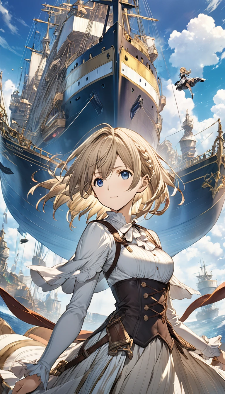 Anime girl flying in the sky、Big ship in the background, Granblue Fantasy, Casciato krenz key art feminine, Official Art, Violet Evergarden, Official Artwork, A young woman depicted in anime visuals, Casciato, By Yoshihiko Wada, high detailed Official Artwork, By Akihiko Yoshida, 2. 5d cgi anime fantasy artwork