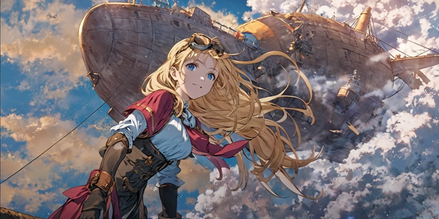 Anime girl flying in the sky、Big ship in the background, Granblue Fantasy, Casciato krenz key art feminine, Official Art, Violet Evergarden, Official Artwork, A young woman depicted in anime visuals, Casciato, By Yoshihiko Wada, high detailed Official Artwork, By Akihiko Yoshida, 2. 5d cgi anime fantasy artwork