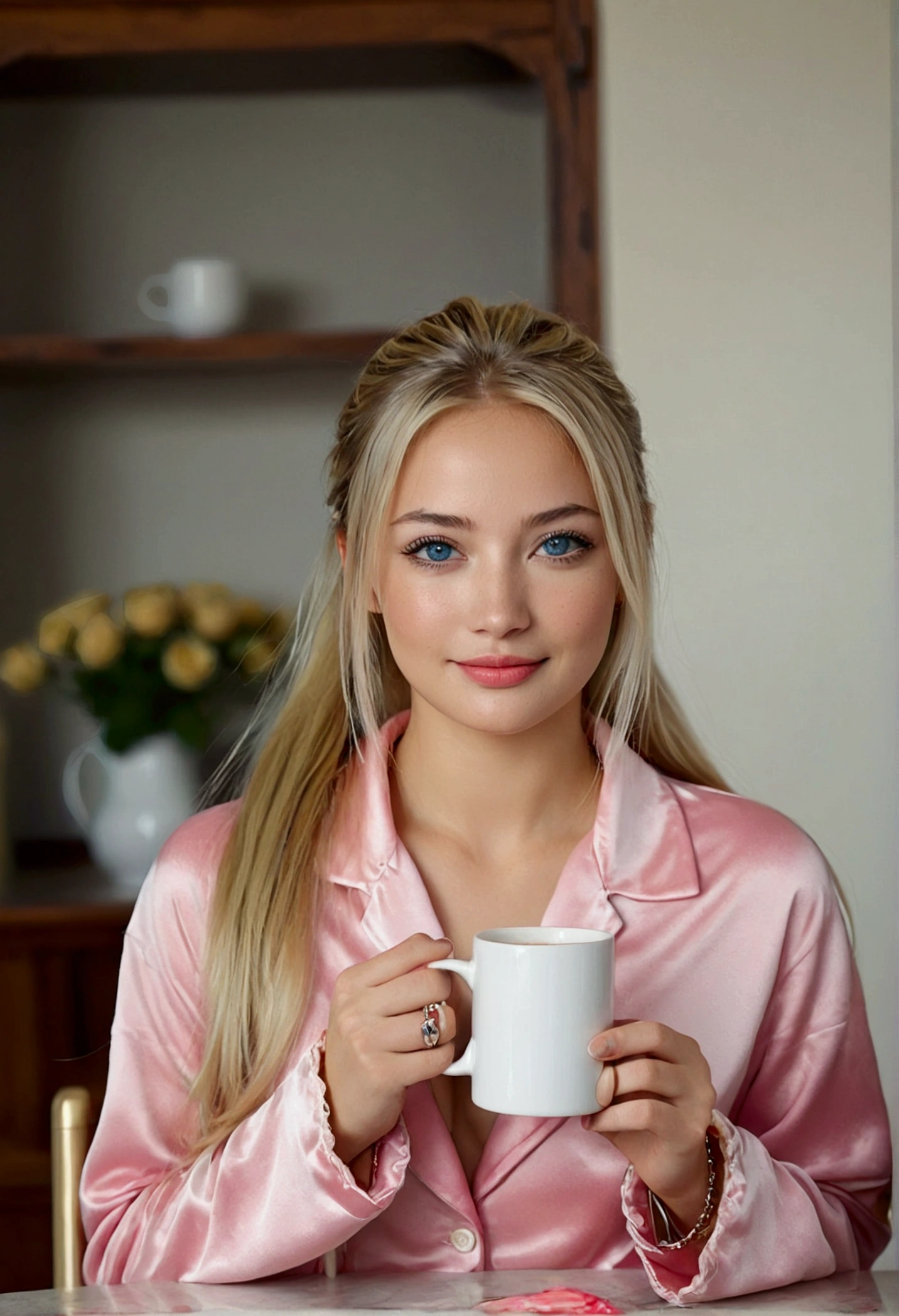 ****ung woman, but it looks like it&#39;s 15. Rich girl style. Russian. Light blonde hair with white highlights, straight with a ponytail and a little disheveled. Blue-gray eyes. fleshy lips. small and firm breasts. Wear bracelets on your wrists.
is wearing pink pajamas, sitting at the table, holding a mug and drinking coffee and smiling. spontaneous photo. 