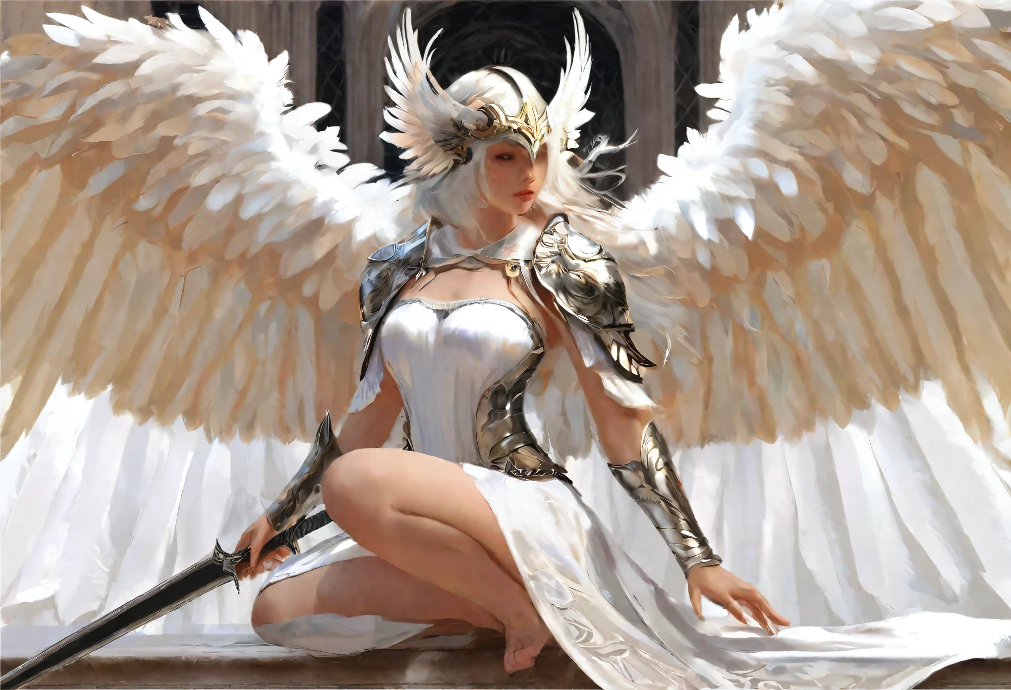 1girl angel mask angel_wings armor feathers_Long wing feathers_Hair Shoulder Armor Shoulder_Armor single piece_Wing separate upper part_The body is white_Theme White_Wings Wings