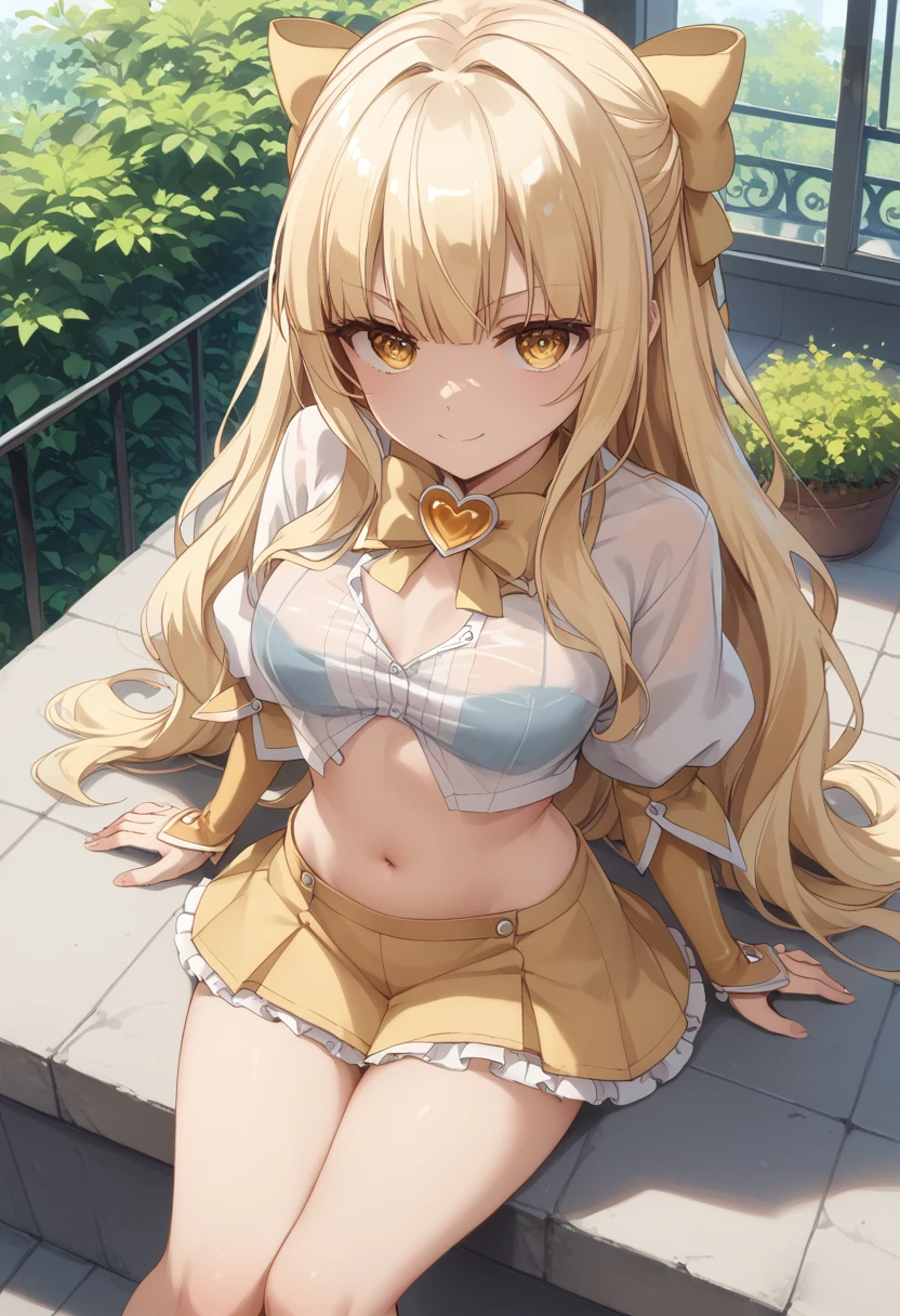 masterpiece, Highest quality, (Perfect Face:1.1), (Attention to detail:1.1), (Ultra-detailed eyes), Beautiful Face、Perfect body、Cute Face、Open clothes、clavicle、stomach　Belly button　whole body　Mischievous face　Chest　See-through clothing　Long Hair　Girl sitting　Peeking from above　Blonde　Magical girl