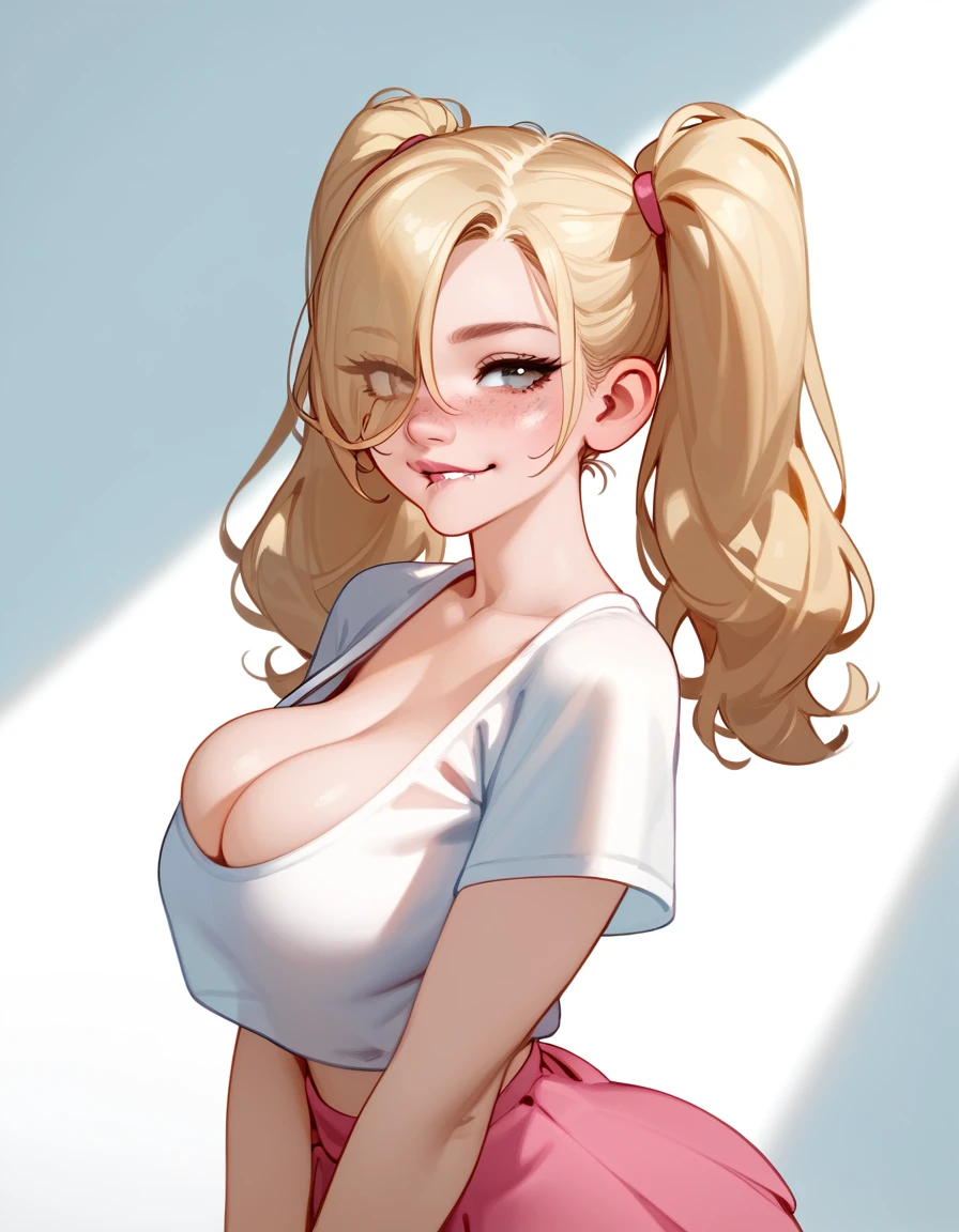 score_9,score_8_up,score_7_up,score_6_up,score_5_up,score_4_up,1girl, pretty girl, highly detailed face,blonde hair, in twintails, hair over 1 eye, cute nose. biting lip, seductive, pink lips, freckles, cleavage, skirt, breast focus,side view,upper body,big breasts,wide hips,big ass,bubble ass,athletic legs,juicy ass,seductive sexual pose,uncensored, simple background, sunlight, hard shadows
