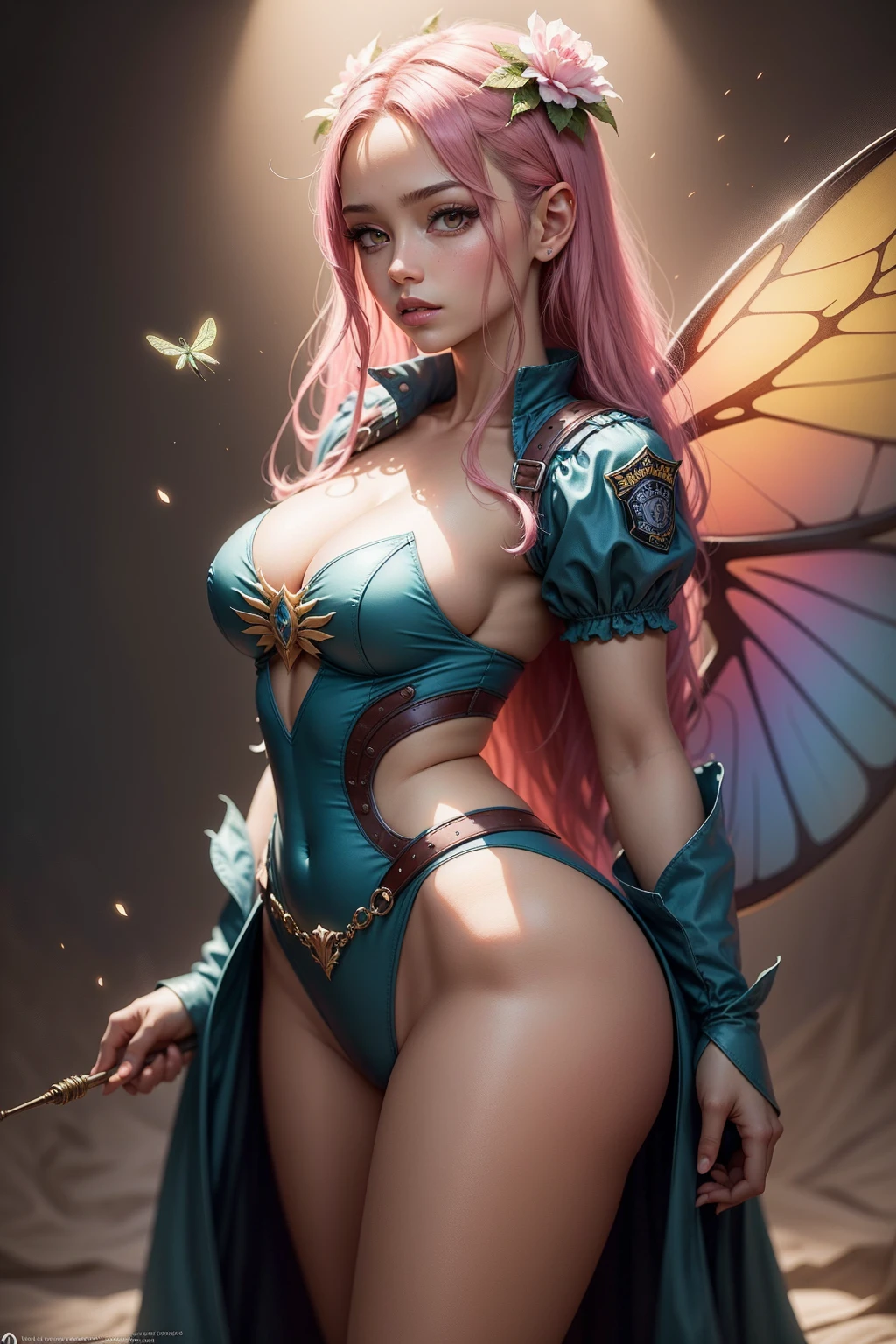 A young woman like a fairy with pink hair and dragonfly wings, standing, STANDING UP, dressed as a sexy police officer, [showing the ass, Fantasy Theme, em uma flowersta mágica, flowers (((main part))), (((best quality))), ((ultra details)),(extremely detailed CG illustration), ((extremely delicate and beautiful)),cinematic light, Create stunning fantasy art. a fantasy fairytale with colorful details. ((Use various shades of pastel pink and watercolor as the main color scheme.)) Incorporate unique lighting effects, Exploring dynamic and attractive composition techniques, and experimenting with unique color palettes. Camera: Choose an angle that highlights the beauty of the character.. The ilumination: Use atmospheric lighting techniques to create depth and mood. resolution: Aim for a high-resolution artwork to showcase intricate details and clarity.