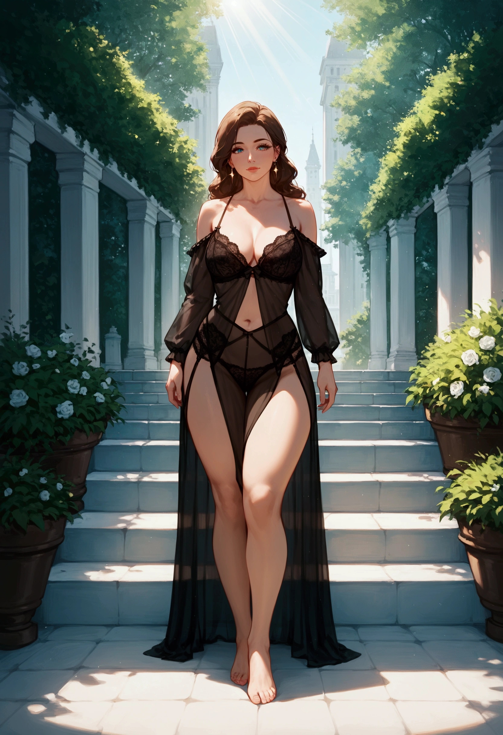 score_9, score_8_up, score_7_up, score_6_up, score_5_up, score_4_up, (masterpiece, best quality:1.2), highly detailed, rating_explicit, illustration, nsfw, mature woman, blue long hair, smaller breasts, sensual body shape, full body, wide hips, black clothes, sensual lingerie, skirt, barefoot, city landscape, magic circles, Sparkling rays, 