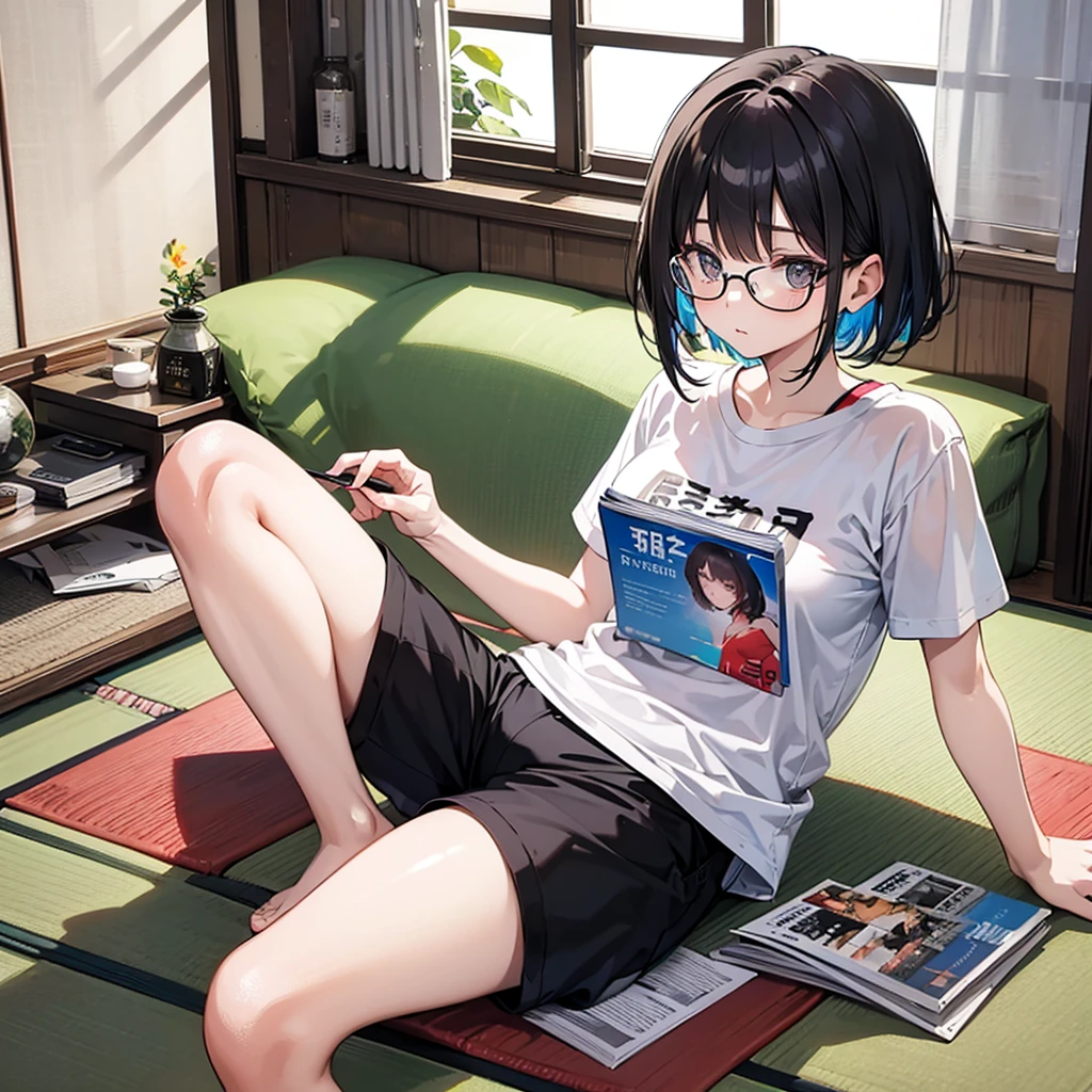 A relaxed woman lounging on tatami mats, wearing a t-shirt and shorts, with short hair and glasses, surrounded by stacked magazines, a fan, and an open window