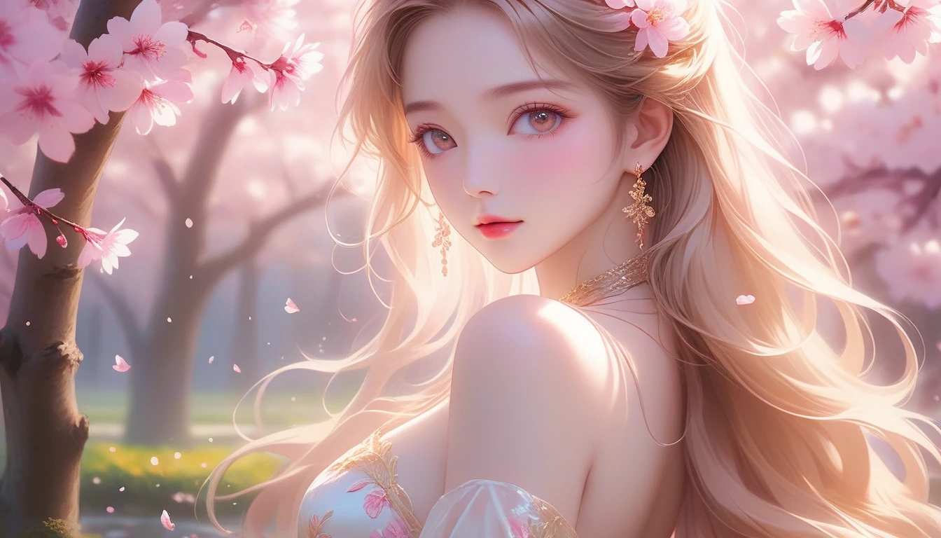 A Masterpiece In 32K Resolution, Supreme Quality, Super Detail, Official Art, Very High-Resolution 32K Wallpaper, Exquisite And Aesthetic, Ultra-Detailed Features, Awe-Inspiring Detail. A Mystical Garden With (Blooming Sakura Trees) And (Gentle Petals Carried By The Breeze), Illuminating Her Luminous, Pearl-Like Skin (Highlight Her Ample Breasts). A Sexy Girl With A Thoughtful And Quiet Confidence, Golden Brown Hair Flowing Softly Over Her Shoulders, With Deep Amber Eyes That Seem To Hold Ancient Wisdom. Her Expression Is Captivating Yet Introspective, Lit By A (Golden Afternoon Glow). (Delicately Crafted Beauty), Her Aura Fills The Surrounding Scene With A Sense Of Peace, As Petals Drift Around Her. The Vibrant Garden Reflects The Finesse Of Her Every Detail, Creating A Scene Of (Undying Charm) And Artistic Brilliance. This Ultra-Realistic Portrait Embodies A Harmonious Balance Of Strength And Beauty.