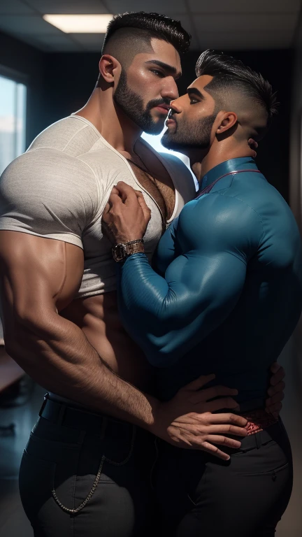 A Indian latino gay couple doing mouth to mouth kissing in office, a short hight man mouth to mouth kissing with tall muscular man, muscular men, muscular attractive men, male art, gigachad muscular, muscular! fantasy, gay, bodybuilder body, bodybuilder, muscular body, big muscle, ,Realistic, ((Masterpiece)), ((Best quality)), (Detailed), Cinematic, Dynamic lighting, soft shade, Detailed office background, Professional photography, Depth of field, Intricate, Detailed face, Subsurface scattering, photo-realistic hair, Realistic eyes, Muscular, Manly, spiky hair cut，Handsome photo (indian Latino beared men), Mecha 4RMOR, front opened shirt on upper body， Glowing, Dynamic pose, office background，stubbles, Pants,The huge penis in formal trouser，the sunny day