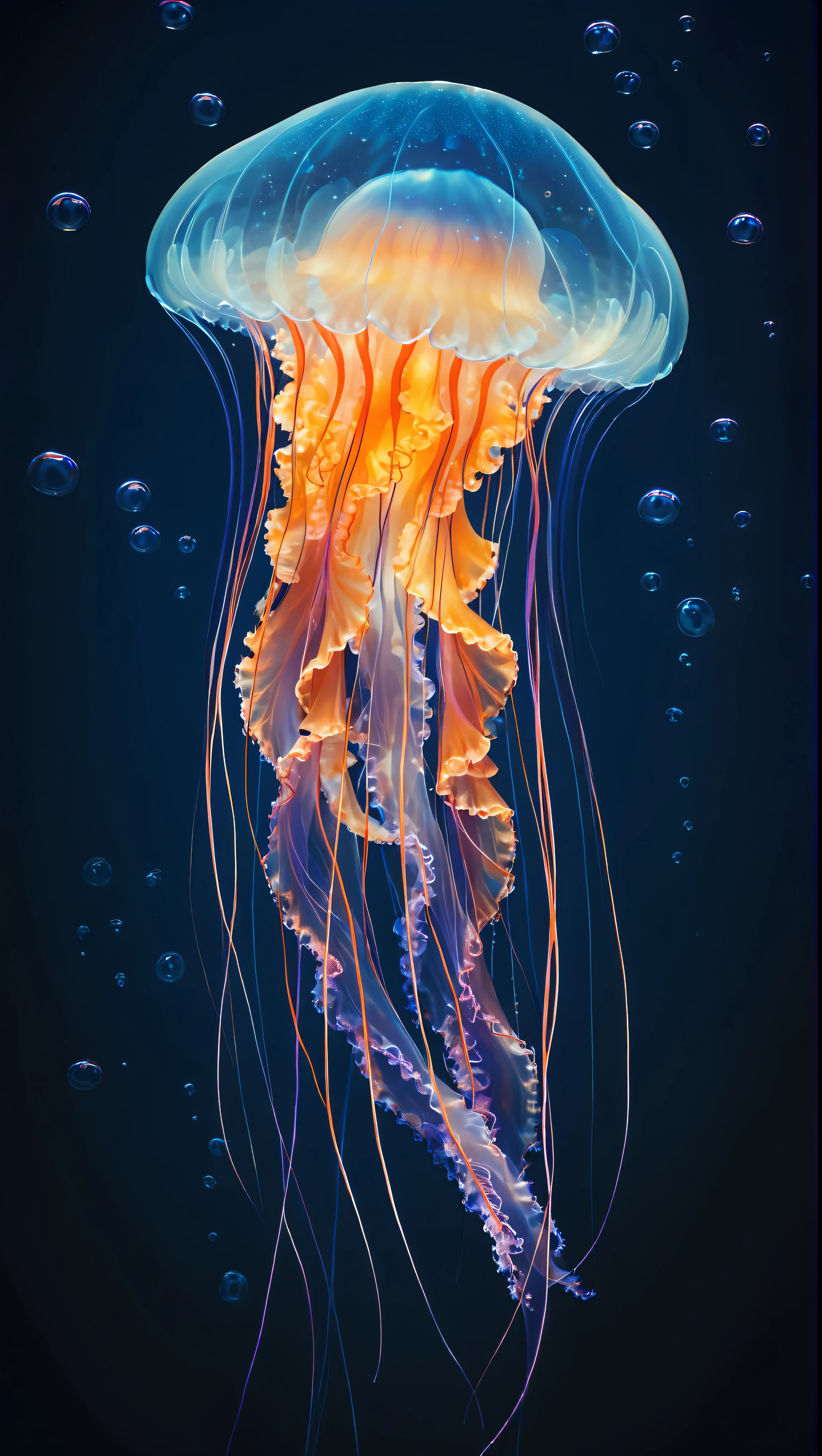 A "realistic" digital artwork depicting an ethereal jellyfish set against a deep navy blue underwater background, creating a mysterious and serene mood. The jellyfish dominates the center of the image, with its translucent bell featuring a vibrant gradient from orange-red at the top to deep blue at the bottom, highlighted by intense white lights. The bell is crowned with a delicate, semi-transparent halo, creating a glowing effect. The jellyfish's frilled tentacles are glowing in neon orange and soft pink, with intricate, flowing patterns. The central part of the jellyfish's frill transitions from light blue at the bottom to sky blue and then to vivid orange at the top, creating a mesmerizing visual effect. The tentacles are long and slender, some transitioning from orange to pink and purple, adding depth and movement to the image. The frill itself has a textured, fuzzy appearance, with fine, hair-like structures creating a swirling effect. Small bubbles of varying sizes float around the jellyfish, enhancing the underwater atmosphere and adding depth to the scene. The background features subtle light gradients and faint, smaller bubbles, maintaining focus on the central subject. The overall composition is vertical, emphasizing the verticality of the jellyfish and its majestic presence in this captivating underwater scene,,