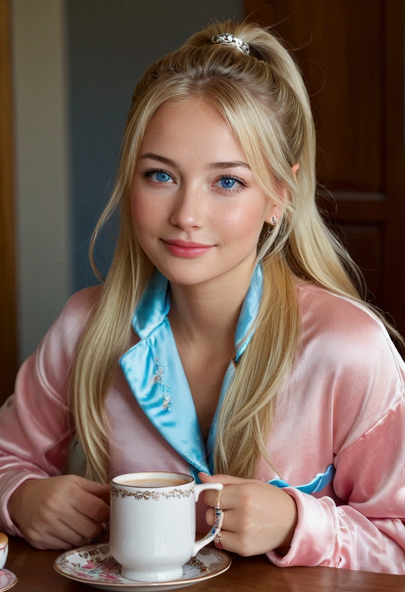 1 young woman, but it looks like it&#39;s 15. Rich girl style. Russian. Light blonde hair with white highlights, straight with a ponytail and a little disheveled. Blue-gray eyes. fleshy lips. small and firm breasts. Wear bracelets on your wrists.
is wearing pink pajamas, sitting at the table, holding a mug and drinking coffee and smiling. spontaneous photo. 