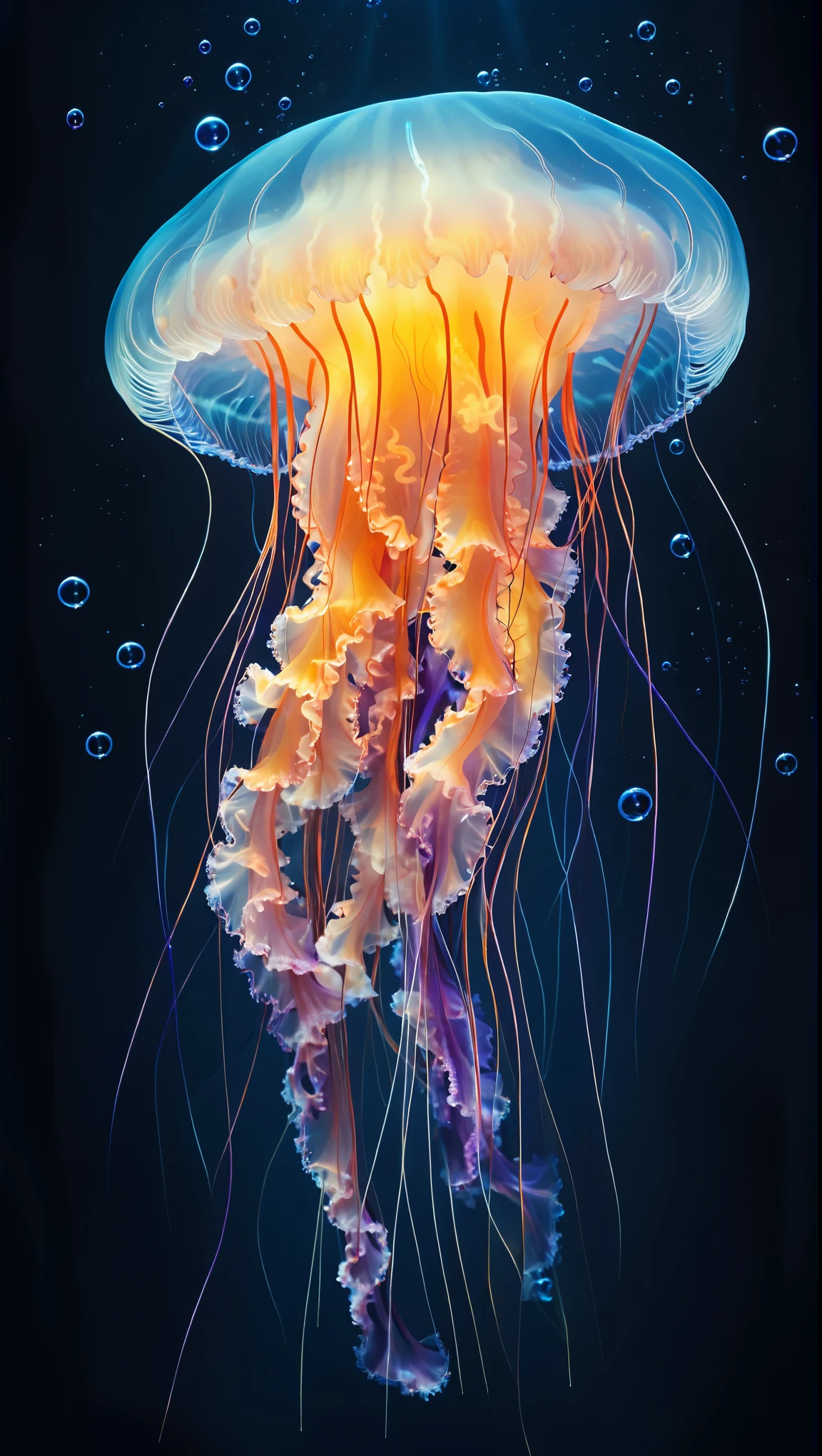 A "realistic" digital artwork depicting an ethereal jellyfish set against a deep navy blue underwater background, creating a mysterious and serene mood. The jellyfish dominates the center of the image, with its translucent bell featuring a vibrant gradient from orange-red at the top to deep blue at the bottom, highlighted by intense white lights. The bell is crowned with a delicate, semi-transparent halo, creating a glowing effect. The jellyfish's frilled tentacles are glowing in neon orange and soft pink, with intricate, flowing patterns. The central part of the jellyfish's frill transitions from light blue at the bottom to sky blue and then to vivid orange at the top, creating a mesmerizing visual effect. The tentacles are long and slender, some transitioning from orange to pink and purple, adding depth and movement to the image. The frill itself has a textured, fuzzy appearance, with fine, hair-like structures creating a swirling effect. Small bubbles of varying sizes float around the jellyfish, enhancing the underwater atmosphere and adding depth to the scene. The background features subtle light gradients and faint, smaller bubbles, maintaining focus on the central subject. The overall composition is vertical, emphasizing the verticality of the jellyfish and its majestic presence in this captivating underwater scene,,