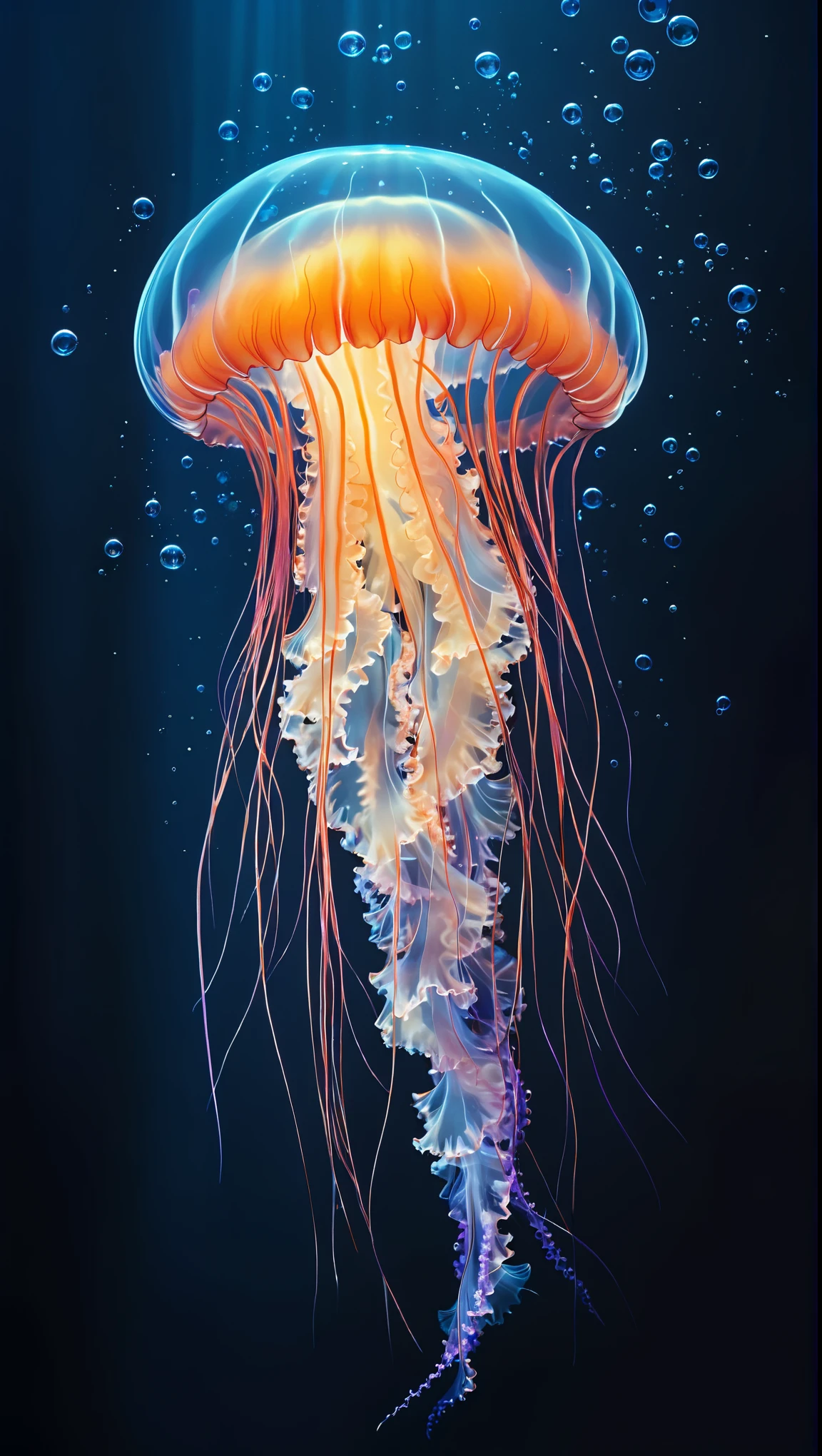 A "realistic" digital artwork depicting an ethereal jellyfish set against a deep navy blue underwater background, creating a mysterious and serene mood. The jellyfish dominates the center of the image, with its translucent bell featuring a vibrant gradient from orange-red at the top to deep blue at the bottom, highlighted by intense white lights. The bell is crowned with a delicate, semi-transparent halo, creating a glowing effect. The jellyfish's frilled tentacles are glowing in neon orange and soft pink, with intricate, flowing patterns. The central part of the jellyfish's frill transitions from light blue at the bottom to sky blue and then to vivid orange at the top, creating a mesmerizing visual effect. The tentacles are long and slender, some transitioning from orange to pink and purple, adding depth and movement to the image. The frill itself has a textured, fuzzy appearance, with fine, hair-like structures creating a swirling effect. Small bubbles of varying sizes float around the jellyfish, enhancing the underwater atmosphere and adding depth to the scene. The background features subtle light gradients and faint, smaller bubbles, maintaining focus on the central subject. The overall composition is vertical, emphasizing the verticality of the jellyfish and its majestic presence in this captivating underwater scene,,