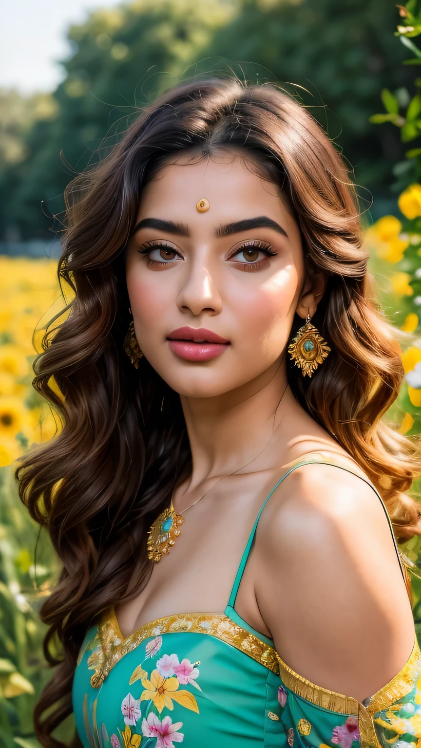 (((HD photo))), ultra high res.photorealistic:. 1.4, UHD, masterpiece, trending on artstation, portrait, 1girl, pretty, cute face, most beautiful in the world, soft, delicate, wavy blonde hair, large huge breasts, a vibrant Indian woman with olive skin and dark hair styled in loose waves. She has striking, almond-shaped eyes with bold eyebrows and intense,. Her lips are painted in a subtle, natural color, A carefree Pakistani woman with a contagious laugh lies amidst a field of brightly colored wildflowers. She wears a whimsical off-the-shoulder dress with floral patterns. The camera (50mm lens, unzoomed) captures her from a low angle, framing her against the vastness of the flower field. The sunlight creates a natural spotlight on her joyful expression