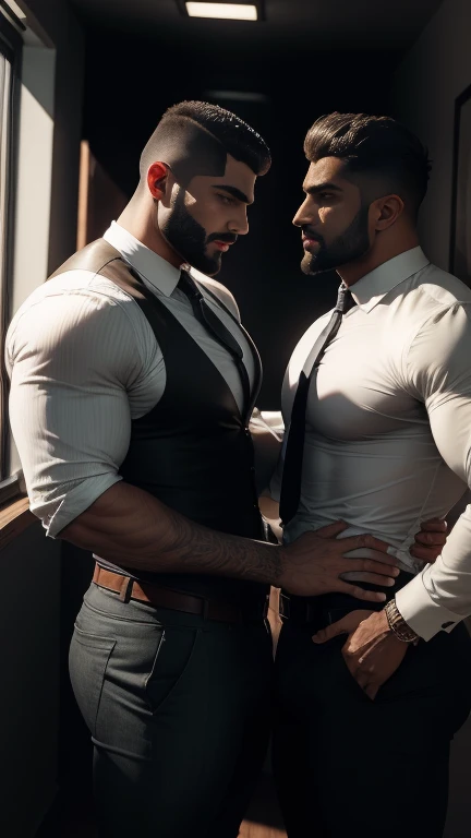 A Indian latino gay couple doing Kissing forcibly while standing against the wall and holding hands up mouth to mouth kissing in changing room, a short hight man mouth to mouth kissing with tall muscular man, muscular men, muscular attractive men, male art, gigachad muscular, muscular! fantasy, gay, bodybuilder body, bodybuilder, muscular body, big muscle, ,Realistic, ((Masterpiece)), ((Best quality)), (Detailed), Cinematic, Dynamic lighting, soft shade, Detailed office background, Professional photography, Depth of field, Intricate, Detailed face, Subsurface scattering, photo-realistic hair, Realistic eyes, Muscular, Manly, spiky hair cut，Handsome photo (indian Latino beared men), Mecha 4RMOR, front opened shirt on upper body， Glowing, Dynamic pose, office background，stubbles, Pants,The huge penis in formal trouser，the sunny day