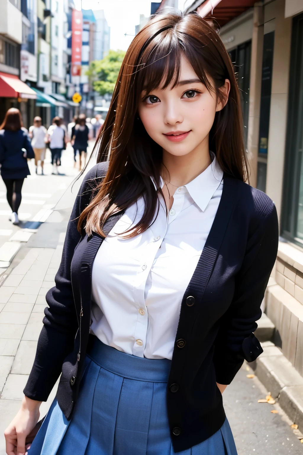 Girl in school uniform, Skirt, School Sweater, ??????????????, cleavage, Cityscape, flirtatious look, ((Very detailed)), (Perfectly detailed face), (Well detailed hands) Photorealistic images.