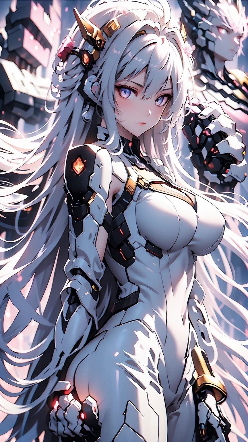 High image quality、high quality、Wolf Beast、woman, Silver Hair, Long Hair,Yellow Eyes, Wolf Ears, Claws and a furry body, , Big Breasts, The tail of the beast、leg garter、Erect nipples、White and black color２Toned leotard、White sleeveless jacket、Mysterious Smile、With a fantastical, large moon in the background、Micro Tie