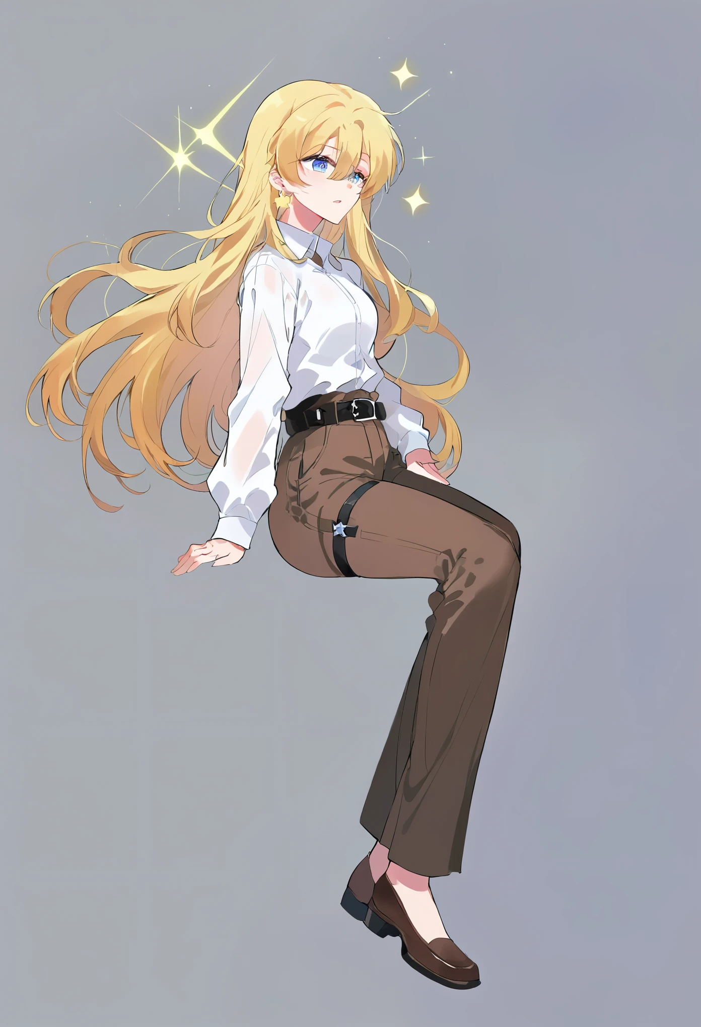 aot style, shingeki no kyojin,, , christa renz,, 1girl, belt, belt buckle, blonde hair, blue eyes, brown footwear, brown pants, buckle, chest belt, collared shirt, diamond (shape), floating hair, from side, full body, grey background, hair between eyes, hands on own thighs, long hair, long sleeves, looking ahead, own hands together, pants, parted lips, shirt, shoes, sitting, solo, sparkle, star (symbol), thigh strap, white shirt, , , ((masterpiece)), best quality, ,