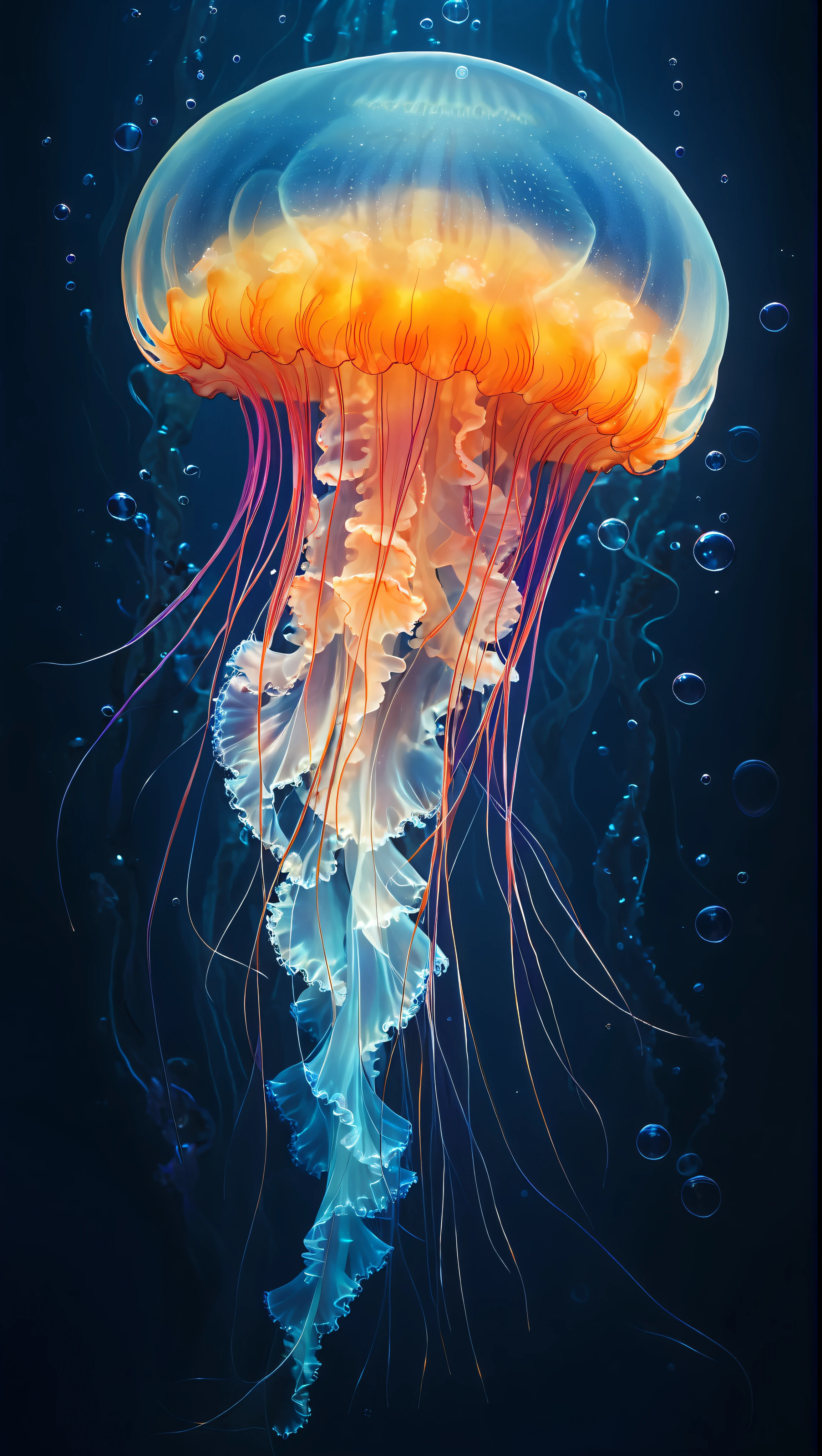 A "realistic" digital artwork depicting an ethereal jellyfish set against a deep navy blue underwater background, creating a mysterious and serene mood. The jellyfish dominates the center of the image, with its translucent bell featuring a vibrant gradient from orange-red at the top to deep blue at the bottom, highlighted by intense white lights. The bell is crowned with a delicate, semi-transparent halo, creating a glowing effect. The jellyfish's frilled tentacles are glowing in neon orange and soft pink, with intricate, flowing patterns. The central part of the jellyfish's frill transitions from light blue at the bottom to sky blue and then to vivid orange at the top, creating a mesmerizing visual effect. The tentacles are long and slender, some transitioning from orange to pink and purple, adding depth and movement to the image. The frill itself has a textured, fuzzy appearance, with fine, hair-like structures creating a swirling effect. Small bubbles of varying sizes float around the jellyfish, enhancing the underwater atmosphere and adding depth to the scene. The background features subtle light gradients and faint, smaller bubbles, maintaining focus on the central subject. The overall composition is vertical, emphasizing the verticality of the jellyfish and its majestic presence in this captivating underwater scene,,