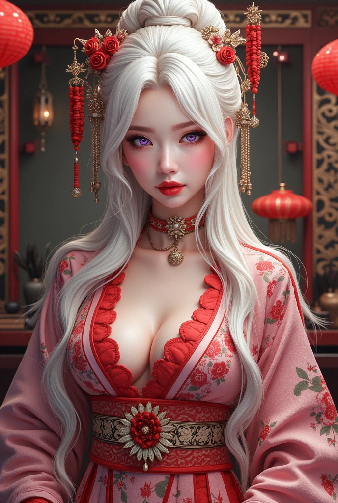 Red dress, aldult, 1 girl, final, finalty elf, toned skin, Japanese cartoon, Sitting on the bed, look at the audience, (light purple hair), Straight Hair, Smile, face to face, verbal invitation, best quality, High resolution, 8k, masterpiece, anatomically correct, Super detailed, textured skin, diamond face shape, Such big breasts, Fitness, fair, stand erect, fantasy, Japanese cartoon style, Japanese cartoon painting, Shy, timid