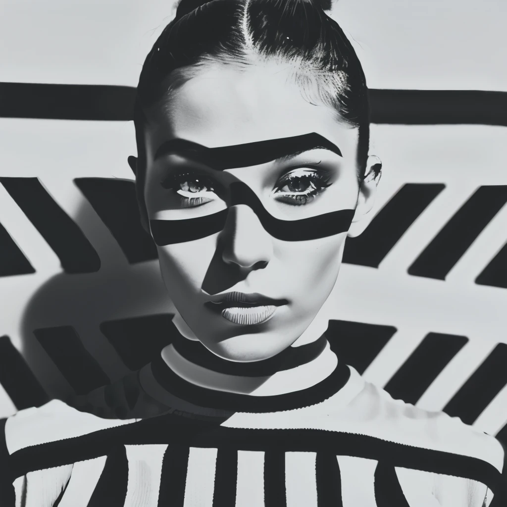 Op art fashion, Black and White, Optical illusion, Contoured curves、Model with stripes painted all over her face