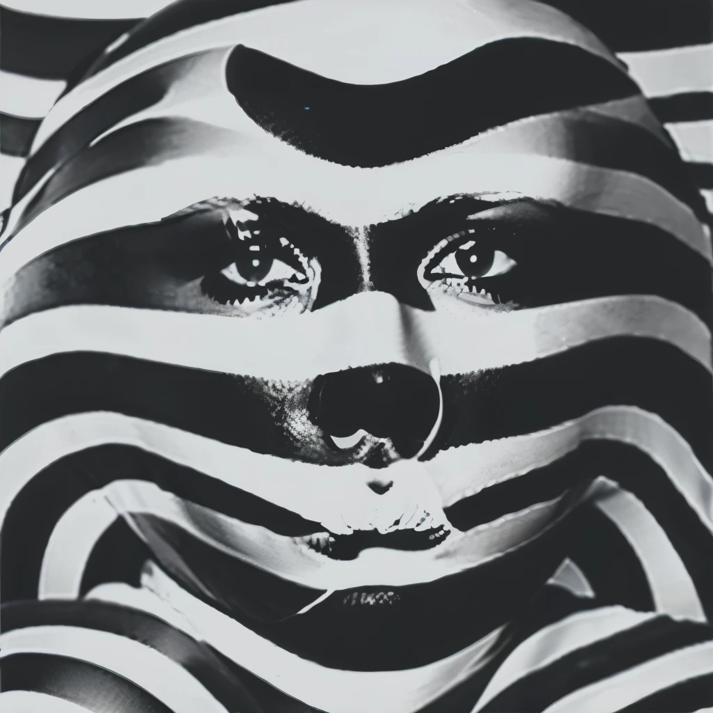 Op art fashion, Black and White, Optical illusion, Contoured curves、Model with stripes painted all over her face