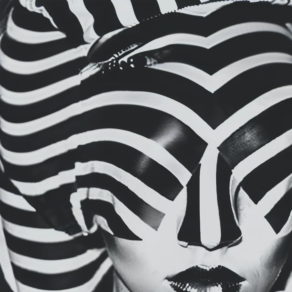 Op art fashion, Black and White, Optical illusion, Contoured curves、Model with stripes painted all over her face