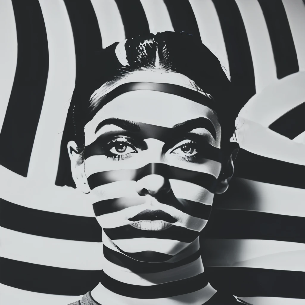 Op art fashion, Black and White, Optical illusion, Contoured curves、Model with stripes painted all over her face