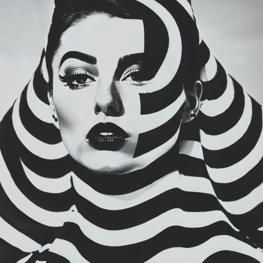 Op art fashion, Black and White, Optical illusion, Contoured curves、Model with stripes painted all over her face