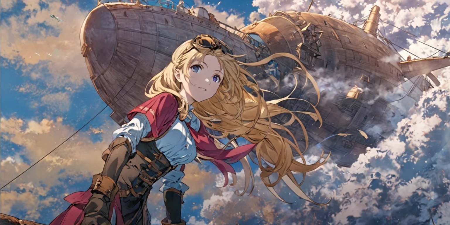 Anime girl flying in the sky、Big ship in the background, Granblue Fantasy, Casciato krenz key art feminine, Official Art, Violet Evergarden, Official Artwork, A young woman depicted in anime visuals, Casciato, By Yoshihiko Wada, high detailed Official Artwork, By Akihiko Yoshida, 2. 5d cgi anime fantasy artwork