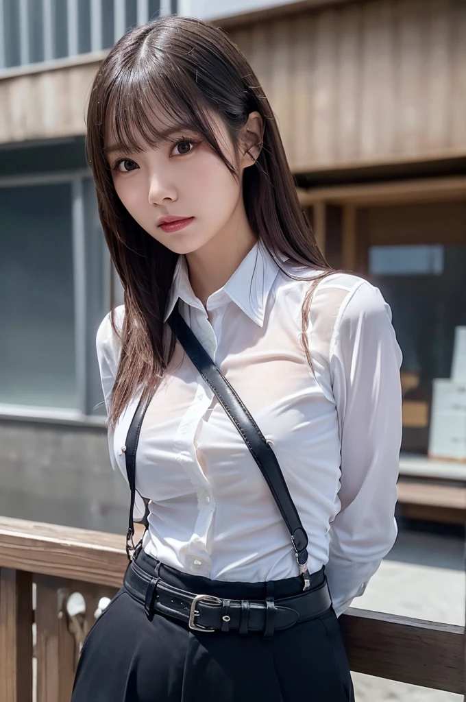 a woman in a suit, belt, hands behind back, sweating, suspenders, black pants, large breasts, see-through clothing, rain, detective, office worker, white button-up shirt, (best quality,4K,8k,highres,masterpiece:1.2),ultra-detailed,(realistic,photorealistic,photo-realistic:1.37),hyper-detailed,highly detailed face and body, Slender　thin　suspenders　Moderate breasts　See-through shirt　Nipples　holster　chain　Pistol　Armament　criminal　Female criminal　knife 　 Hands Behind Back　Constraints 程よい胸
