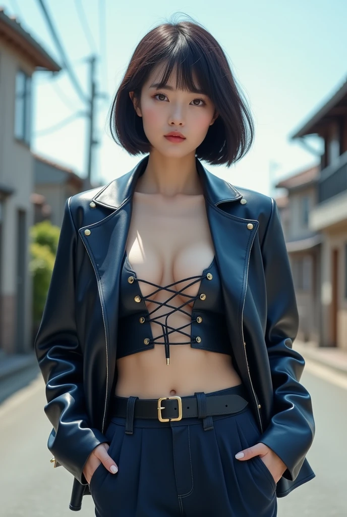 ((Highest quality, 8K, masterpiece :1.3)), (Sharp focus :1.2, Beautiful woman with perfect figure :1.4, Slim Abs :1.2), ((Big Breasts, Emphasize cleavage:1.3)), (Photorealistic:1.4), (realistic:1.4), (Short Bob Hair, Light brown hair:1.5), (cheerful Smile:1.5), Highly detailed face and skin texture, Fine grain, double eyelid. Makeup face, A little bit of lipstick, necklace, Earrings, sex appeal, Sexy gravure pose, ((A woman wearing a black leather miniskirt and jacket、A cool look in an industrial area、Posing without a jacket to show off her bra straps:1.3)