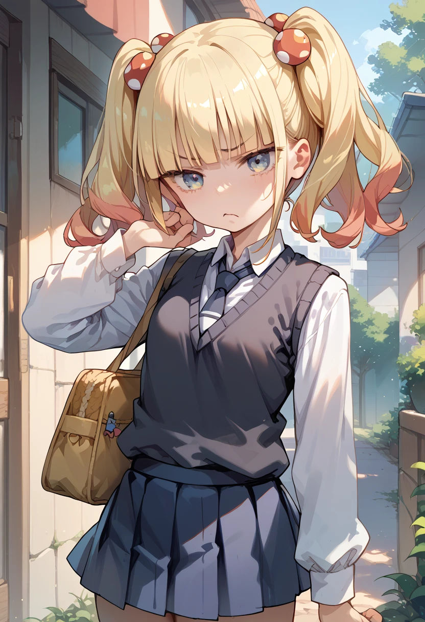 masterpiece,High resolution,Highest quality,8k
(Nigredo Yulia,Petite,Super small breasts)
(School uniforms,Long sleeve white shirt,Black vest,Blue mini skirt)Annoyed face