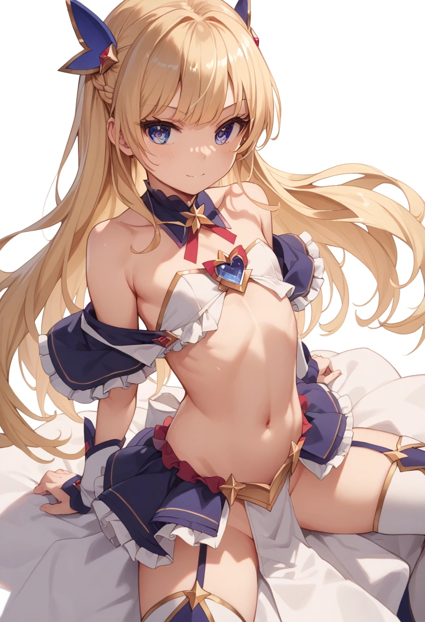 masterpiece, Highest quality, (Perfect Face:1.1), (Attention to detail:1.1), (Ultra-detailed eyes), Beautiful Face、Perfect body、Cute Face、clavicle、stomach　Belly button　whole body　Mischievous face　Chest　Long Hair　girl　Blonde　Magical girl　Flat Chest　Leg spread