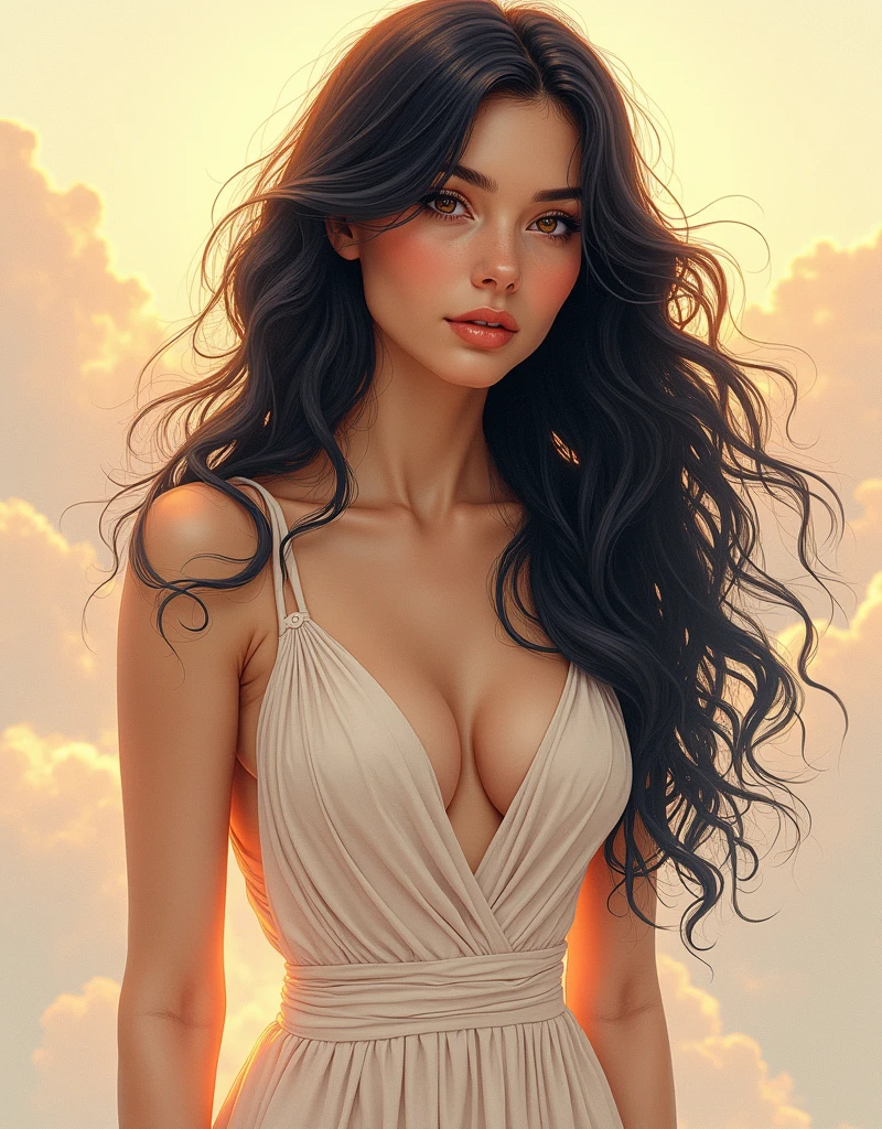 masterpiece, woman and , holy virgin mary with in her arms, halo over head, smiling, heavenly sky, half body, ((divine light)), ethereal, clouds, back lighting, realistic portrait, symmetrical, strong, intricate drawing, highly detailed, digital painting, art station, concept art, fluid, sharp focus, illustration, against heaven's gate, cinematic lighting, works by artgerm and greg rutkowski and alphonse mucha