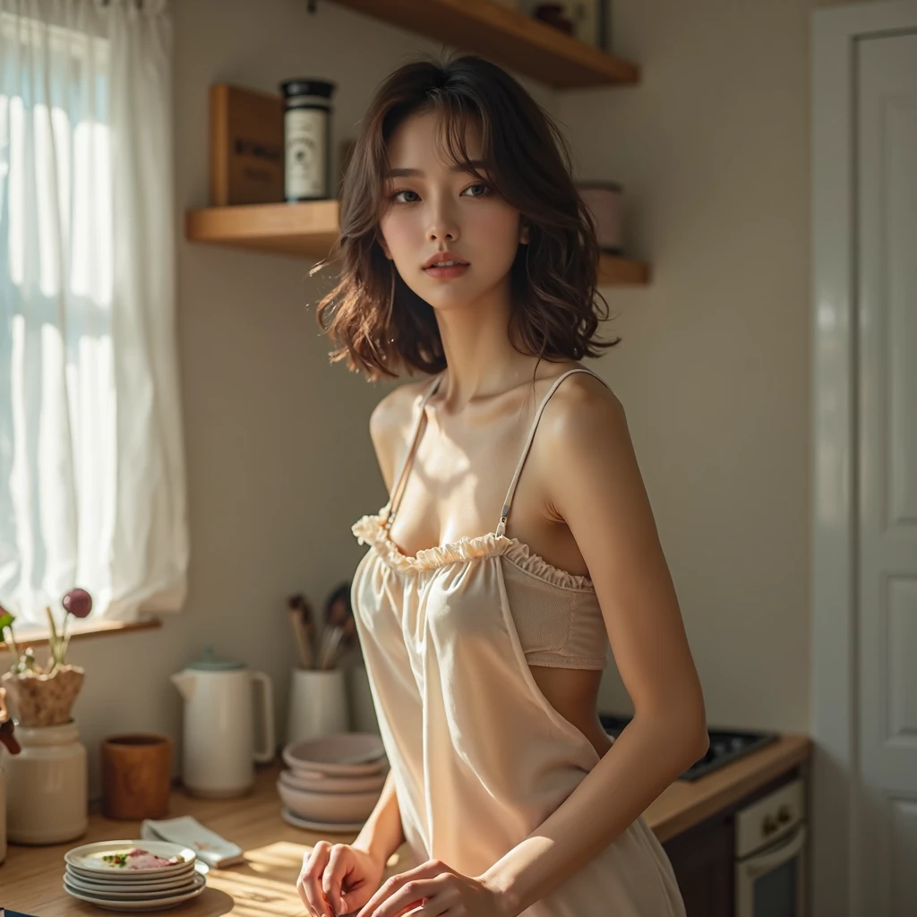 Naturally beautiful Japanese girl, 20 years old, detailsed face, sweet white, The skin is shiny and moisturized., My hair is tied into a bun., Wear a red kebaya, large breast, The nipples show transparently., and the short batik sarong faded, Enjoy remixed songs in front of the DJ turntable., Put on the headset., Sitting barefoot in front of the door, House made of bamboo, In front of the kitchen there is a small river flowing clear., Natural clear rocky river. Realistic photos. HDR10 8K photos with Nikon D850 f analog camera/16, 35mm, high detailsed, Wallpaper quality, good anatomy, body, hand & นิ้วhand (Laura:increase_details:0.8)