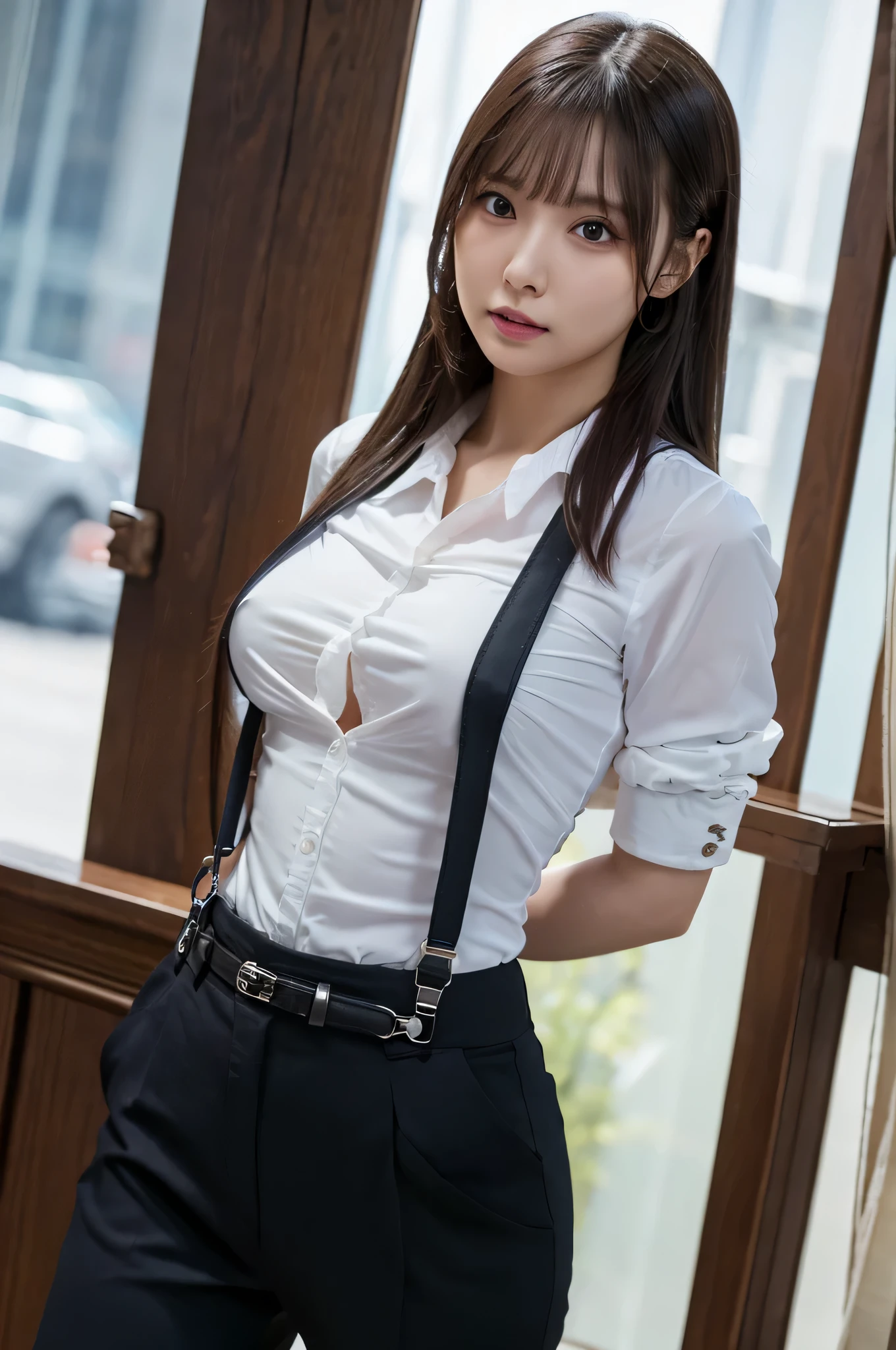 a woman in a suit, belt, hands behind back, sweating, suspenders, black pants, large breasts, see-through clothing, rain, detective, office worker, white button-up shirt, (best quality,4K,8k,highres,masterpiece:1.2),ultra-detailed,(realistic,photorealistic,photo-realistic:1.37),hyper-detailed,highly detailed face and body, Slender　thin　suspenders　Moderate breasts　See-through shirt　Nipples　holster　chain　Pistol　Armament　criminal　Female criminal　knife 　 Hands Behind Back　Constraints 程よい胸
