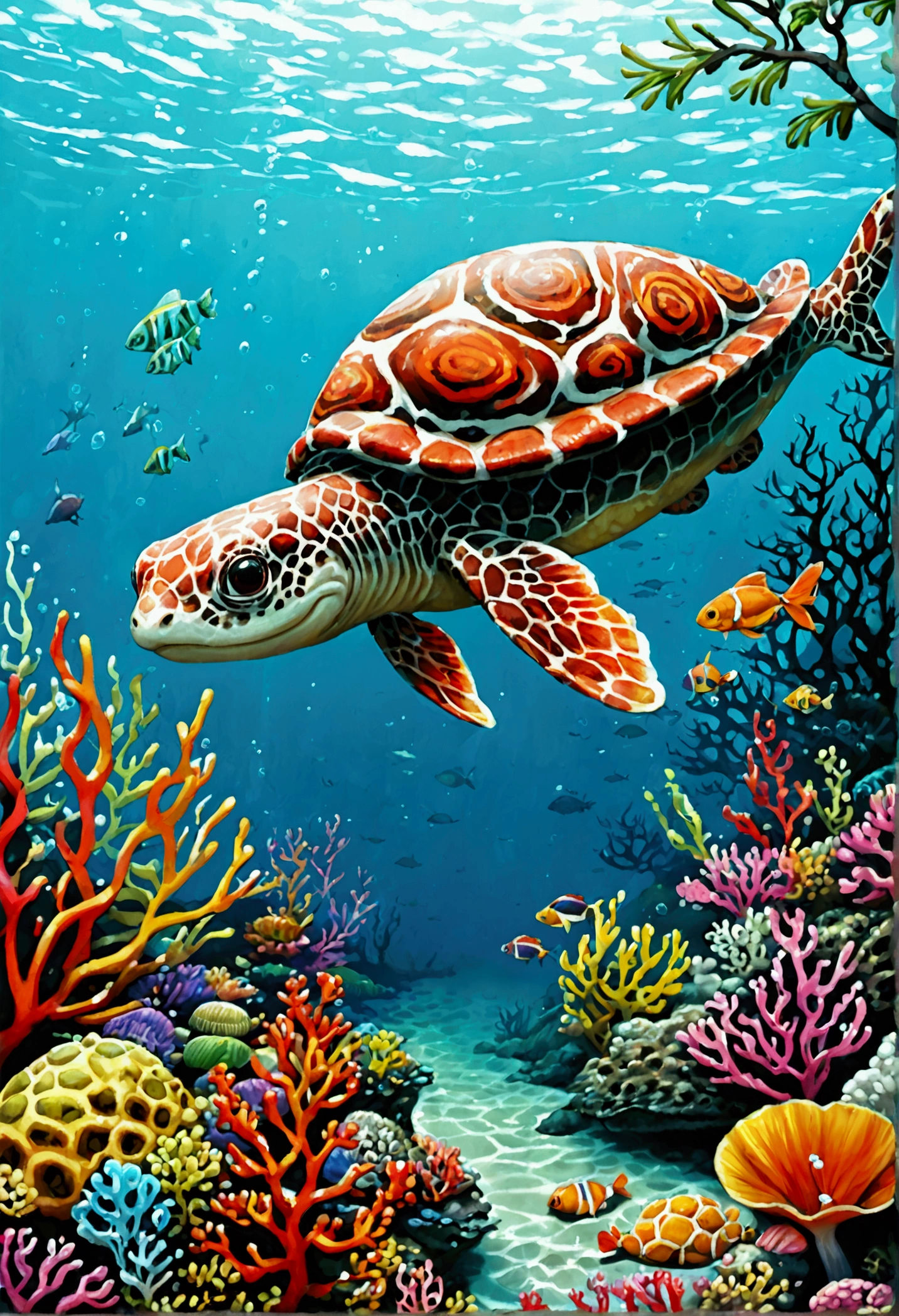 anime, Colorful Gradient, The underwater is a colorful gradation of many corals and anemones. The sea is teeming with colorful tropical fish. Sea turtle swim gracefully.