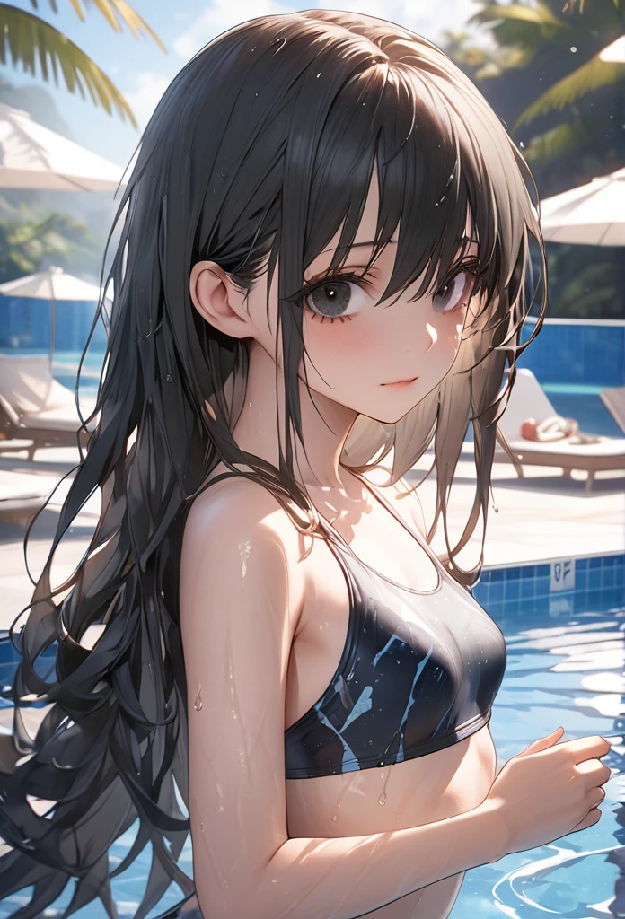 Long Hair,Straight Hair、 (Black Eyes:1.5), Swimwear,Black Hair,Wet Hair、 (Small breasts:1.2), Poolside、break looking at viewer, break outside, break (masterpiece:1.2), Highest quality, High resolution, unity 8k wallpaper, (figure:0.8), (beautiful　Detail eyes:1.6), extremely deしっぽed face, Perfect lighting, extremely detailed CG, (Perfect hands, Perfect Anatomy),