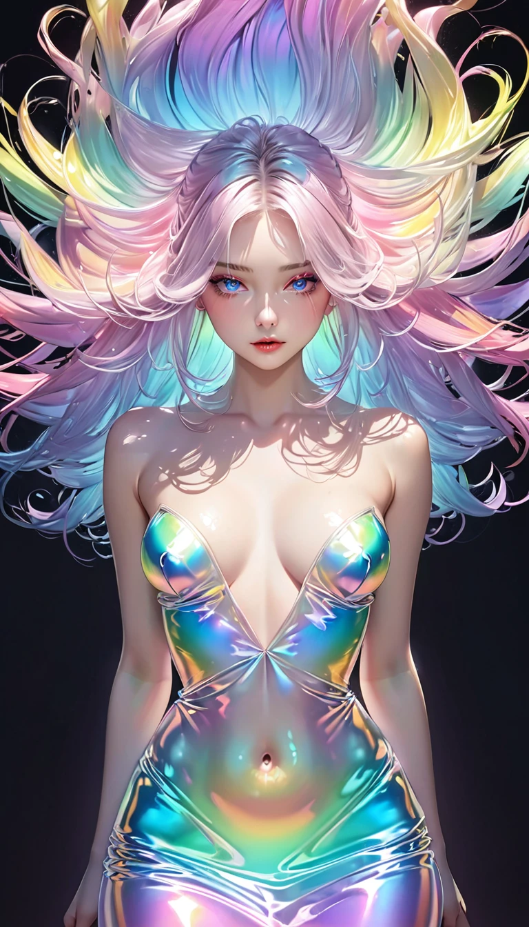 conceptual installation pastel color colorful artwork, kawaii beauty, striking beautiful eyes, glossy silky messy hair, amorous and lewd expression, perfect proportions, wearing transparent iridescent naturally luminous, delicate and dynamic textures, contrasts of light and shadow, 2.5D, artistic photography, hyper realistic, digital graphic CG, ultra detailed, absolutely resolution, best quality