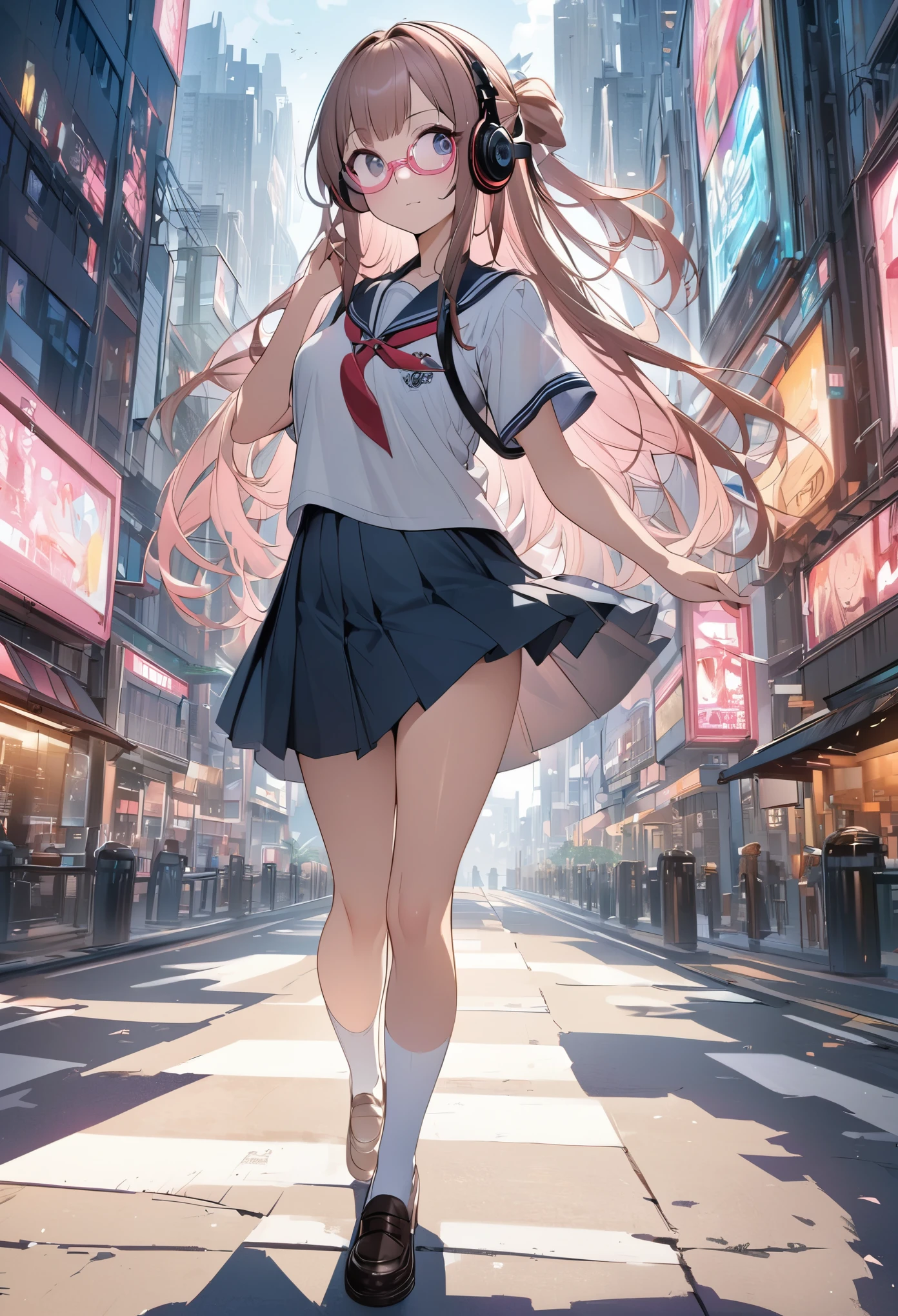 (Top quality illustrations:1.2)、(cute:1.0)、(1 girl:1.0)、(half updo)、(School uniforms:1.0)、pink frame glasses,(white thigh-high socks),(Full body Ezbian:1.0)、(Ultra-detailed) 、、(The background is the cityscape:1.1)、If you have headphones、full body
