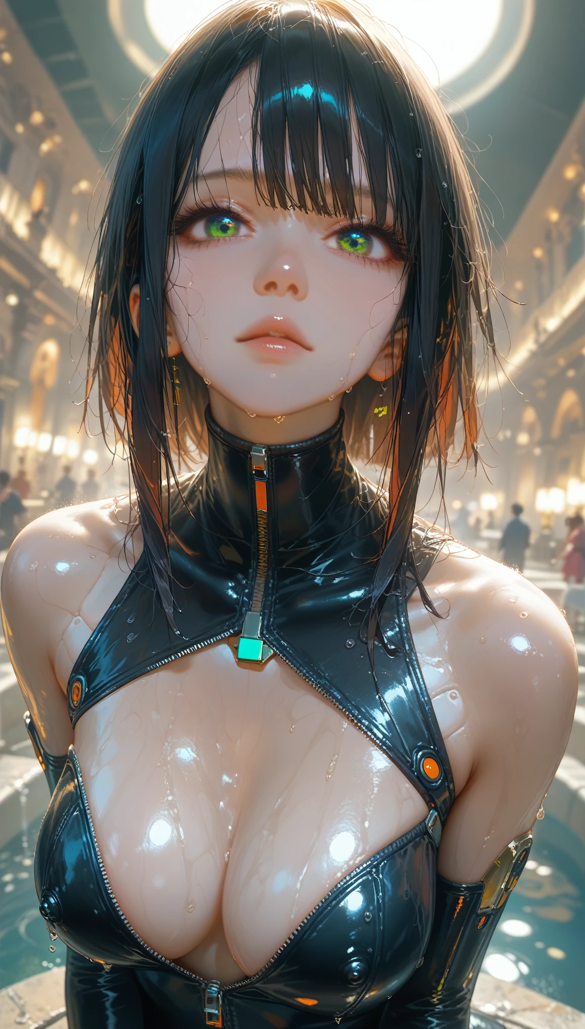 score_9, score_8_above,score_7_above,masterpiece, Best Quality, perfect anatomy, very aesthetic, official art, 8k,2d,illustration,1 girl,saboveer detailed skin,shiny skin,wet oily skin,natural face,eyelashes,pretty eyes, side closures,choppy bangs,,big_old,latex suit,full zip,Neckline trim,cyberpunk,city at night,ceiling,, fountain_cheered up ,masterpiece,Best Quality,ultra detailed,High resolution,sharp focus,Depth of field,