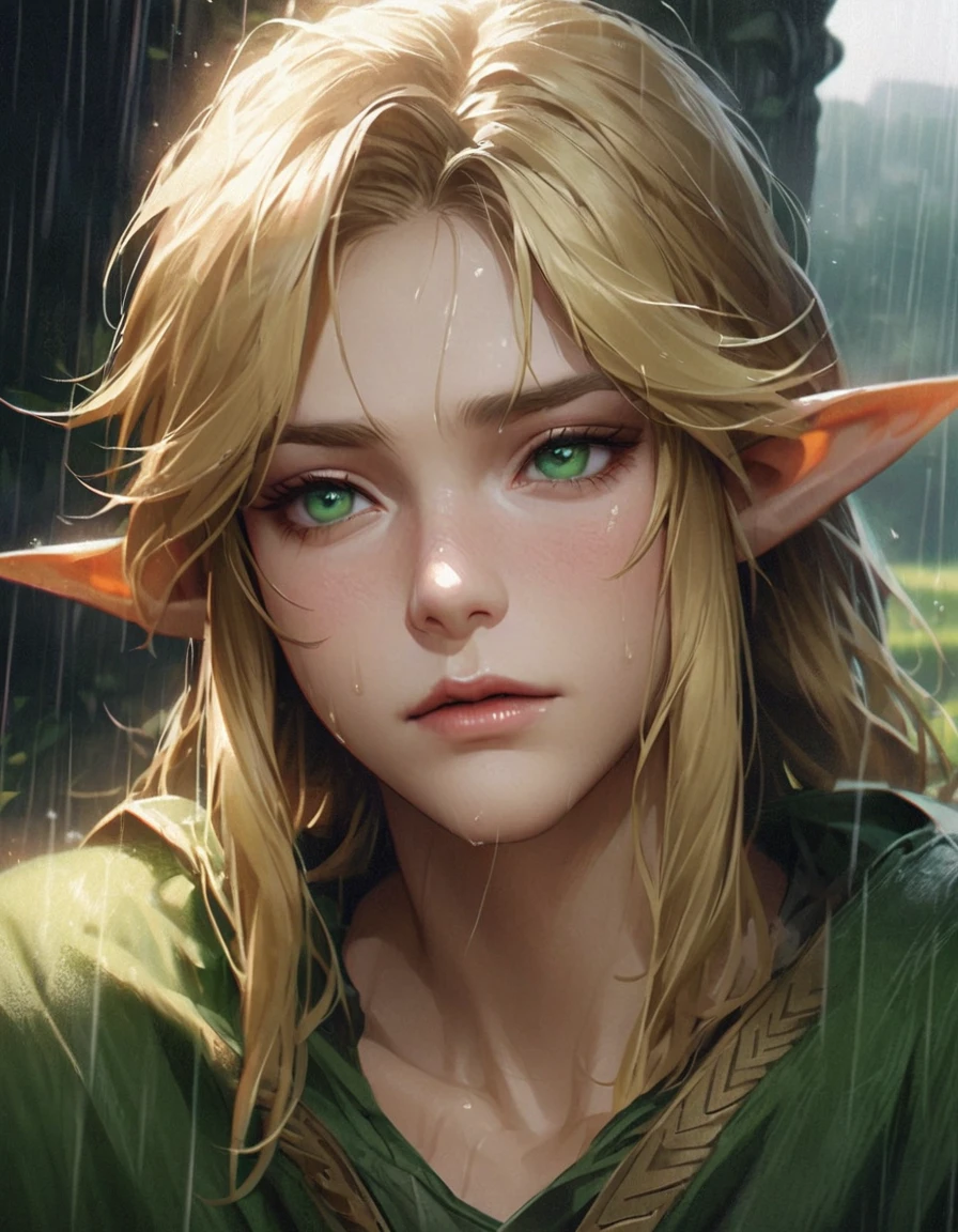 Super detailed, High resolution, Beautiful young man Link kisses Zelda、Love each other、Blonde、expressive green eyes, The Legend of Zelda, Pointed Ears, Realistic Face、rain、Shade、Zelda&#39;s Big Breasts