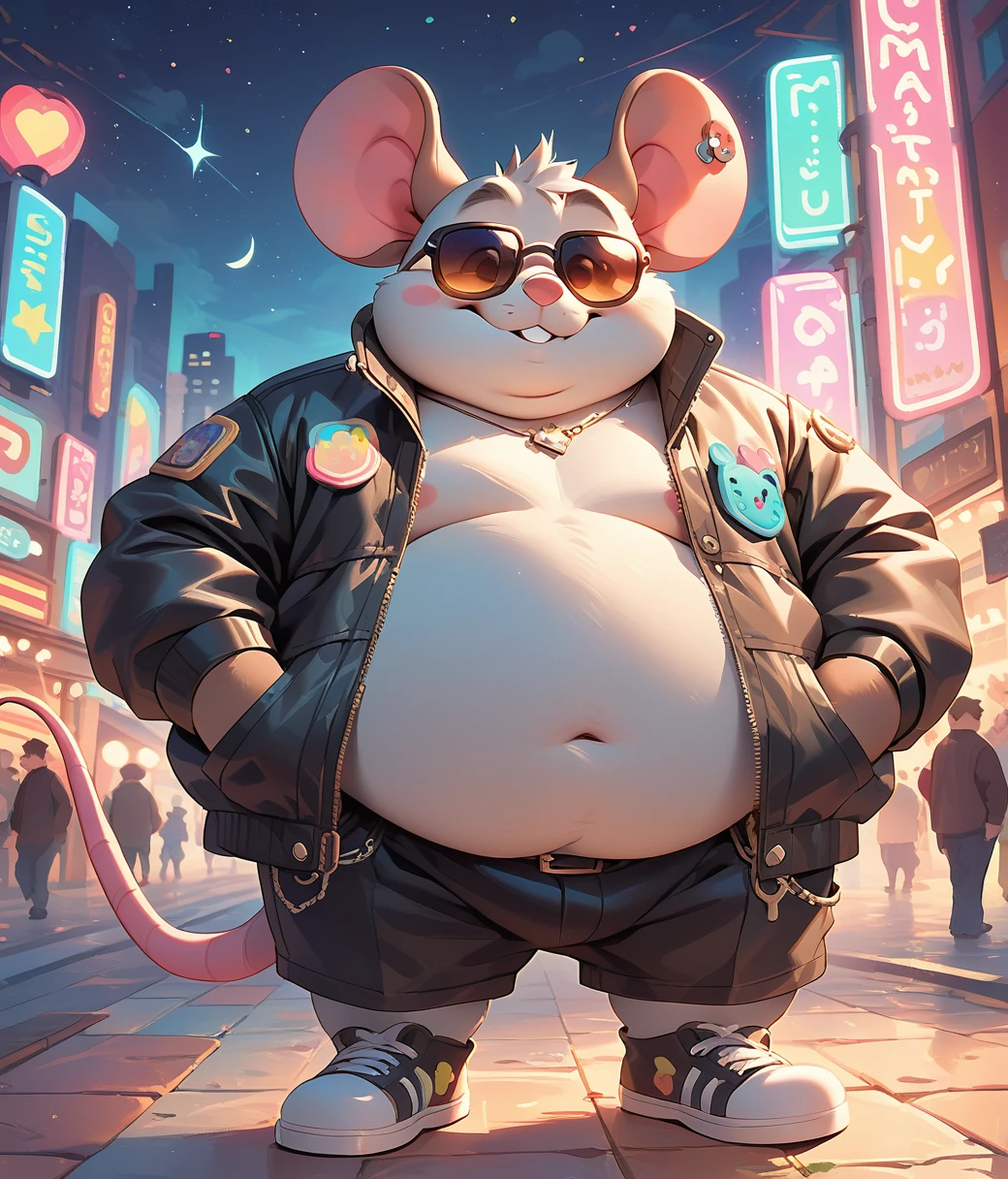 cutepets, (cute, obese, male, anthro, mouse cub), wearing sunglasses, black leather jacket, night neon city background, sticker art, hires textures, highly detailed, intricate details, best quality, masterpiece, detailxl