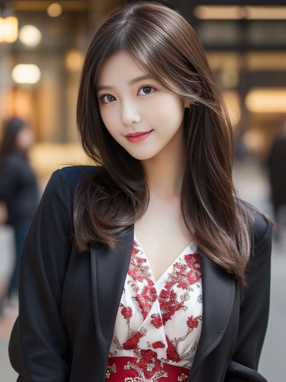 Photo-realistic quality、A woman in a black jacket and red dress is having a photo shoot,  Young Woman Photo, Long brunette hair、looking at the camera、Detailed and beautiful eyes、smile、A soft and gentle look