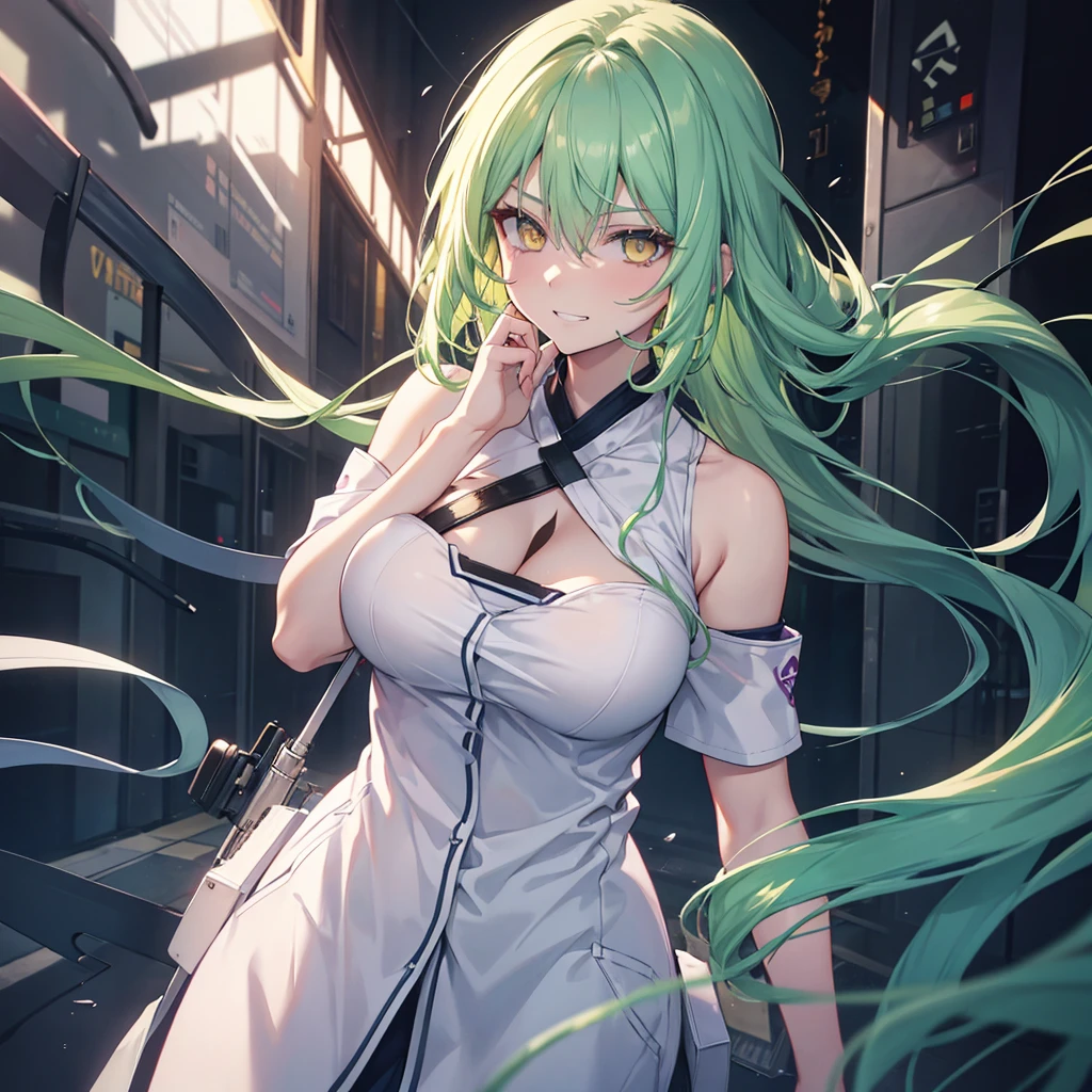 a beautiful green-haired girl with large breasts and yellow eyes, wearing a scientist's lab coat, realistic, photorealistic, 8k, hyper detailed, cinematic lighting, dynamic pose, intricate details, vibrant colors