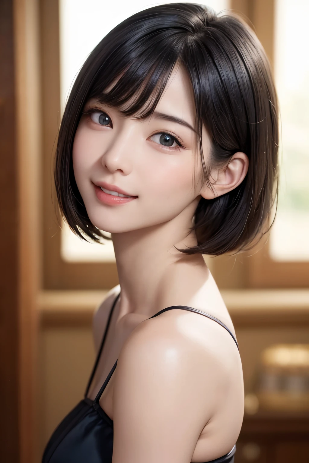 (table top, highest quality、ultra high resolution、face focus focus、focus on the sides、very attractive beauty、Add intense highlights to your eyes、look closely at the camera:1.4、Absolutely beautiful bangs:1.4、前髪のあるブルネットのshort hair:1.4),1 girl, Report, black haired, realistic, looking at the viewer, pale black eyes, short hair, lips, lip gloss, Upper body、Big eyes、eyelash)、((natural background、hyper real stick:1.4))、((short hair with bangs:1.4、Beautiful bangs with 46 points:1.4、, cleavage:2、Big eyes、Give your students very powerful highlights、look at the audience、very beautiful beauty、show me your ears、beautiful long neck、beautiful decollete、smile、A smilee beautiful teeth、Open your mouth and smilee))、18-year-old、very cute super model、perfect anatomy