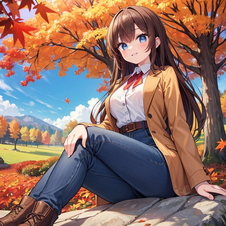 Masterpiece, best quality, high quality, 1girl, Solo, sitting under an autumn tree, orange and red leaves, cozy atmosphere, has Blue eyes, beautiful detailed eyes, has Long Brown hair, wears a Brown jacket with farmer jeans, wears a Brown shoes, beautiful detailed lips, long eyelashes, sitting in a rock, Smile, extremely detailed face and portrait, 4K, warm lighting, vibrant colors, intricate details, autumn landscape, serene, peaceful