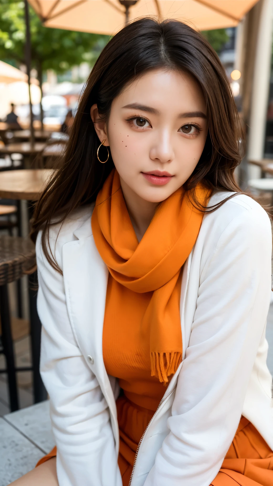 ((best quality)), ((masterpiece)), (detailed), perfect detailed eyes, perfect detailed face, ultra-detailed nose, White jacket, orange blouse, orange skirt, Put a scarf around her neck, scarf, hair behind ear, hair over shoulder, mole under eye, tsurime, longeyelashes, earrings, Cafe terrace, 1 coffee cup, taking a break